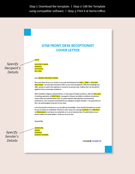 Gym Front Desk Receptionist Cover letter Template