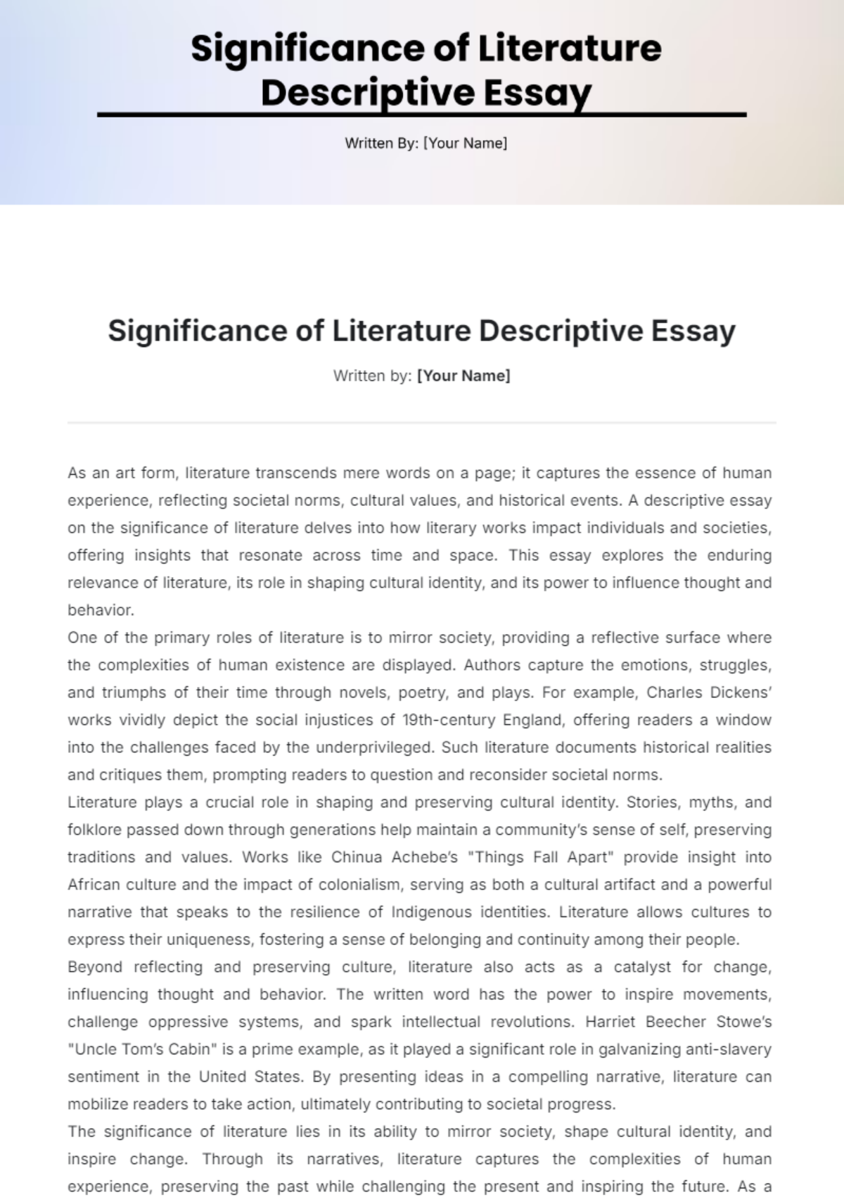 Significance of Literature Descriptive Essay Template