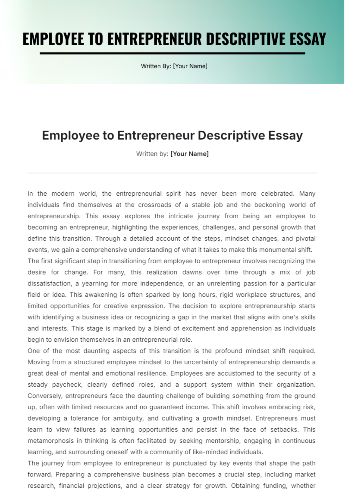 Employee to Entrepreneur Descriptive Essay Template - Edit Online & Download