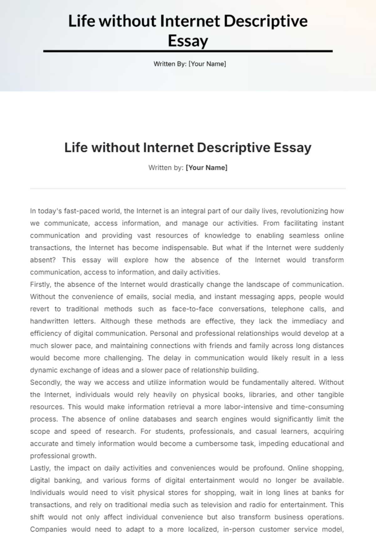 Life without Internet Descriptive Essay Template