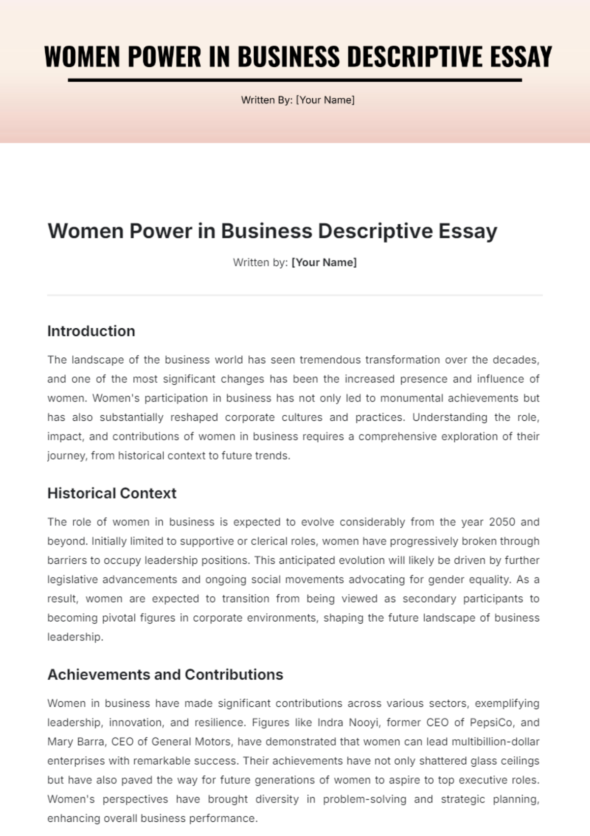 Women Power in Business Descriptive Essay Template - Edit Online & Download