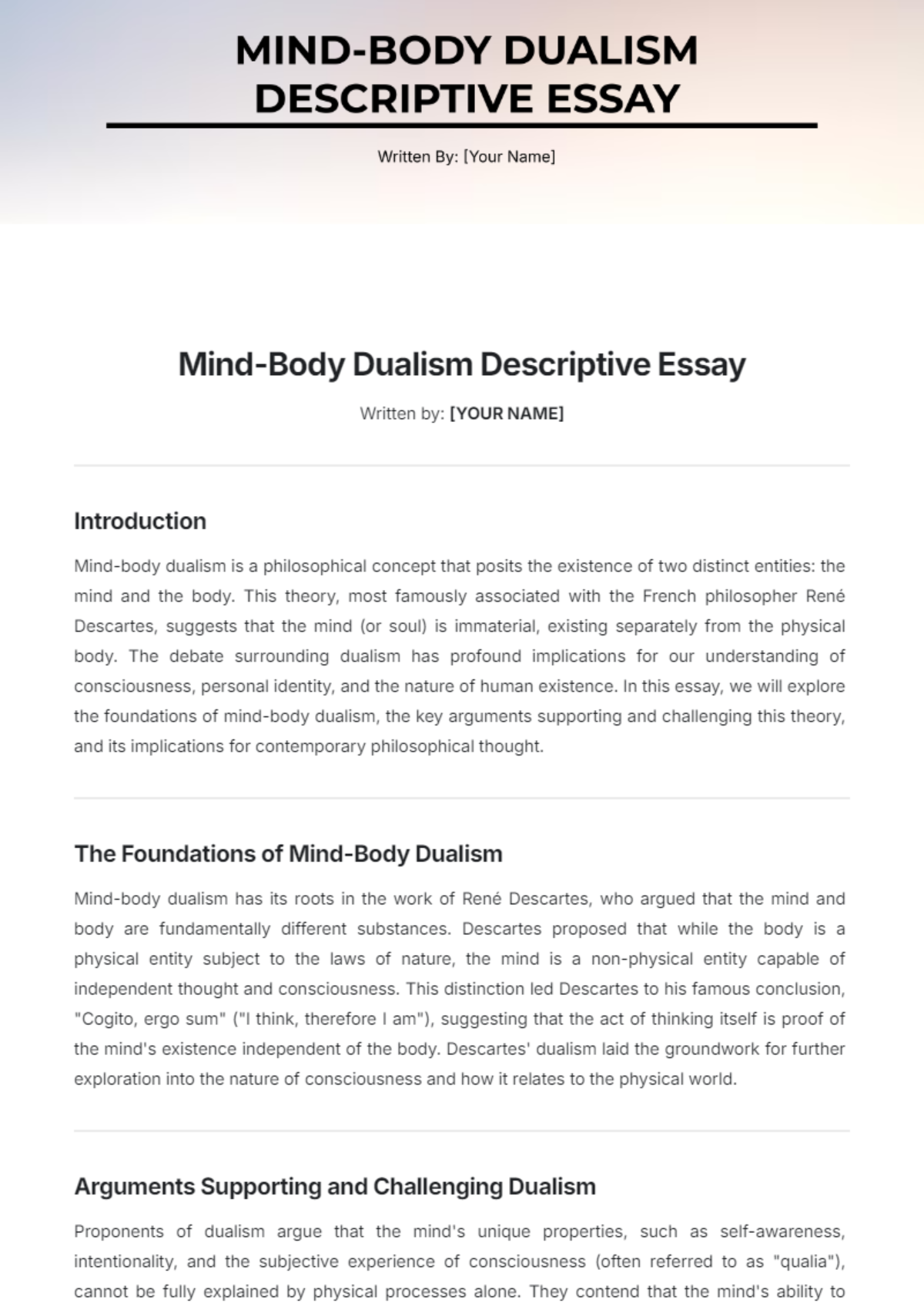 Mind-Body Dualism Descriptive Essay Template - Edit Online & Download