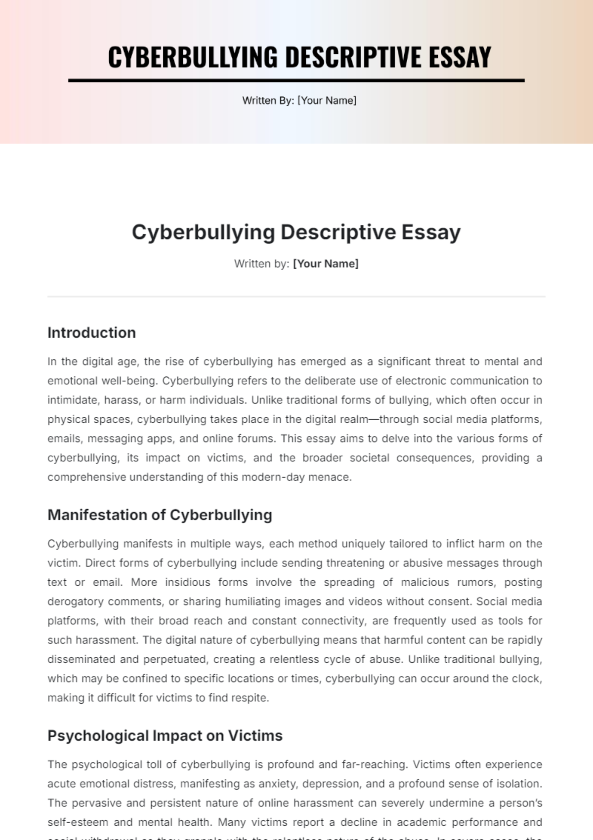 Cyberbullying Descriptive Essay Template - Edit Online & Download