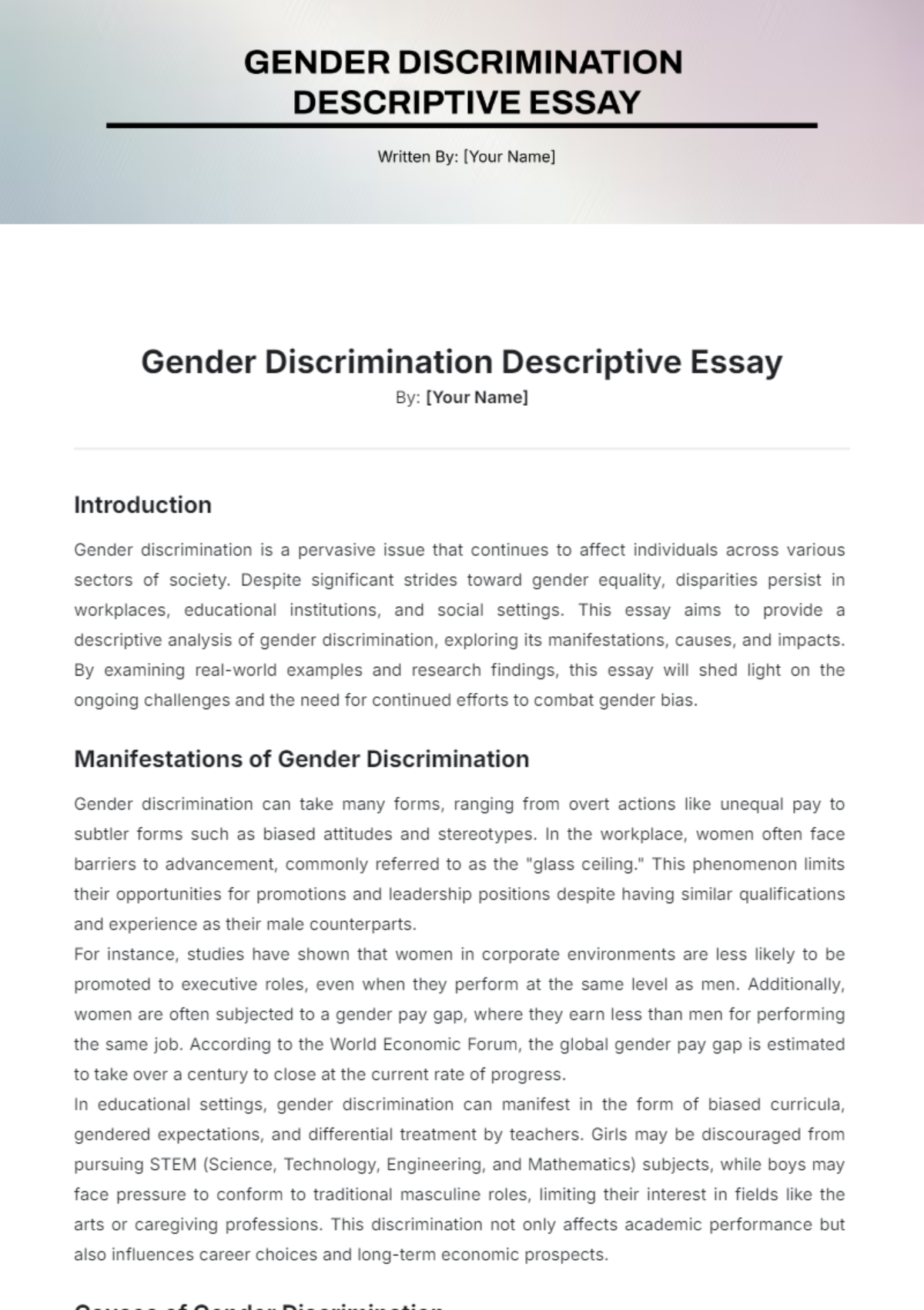 Gender Discrimination Descriptive Essay Template - Edit Online & Download