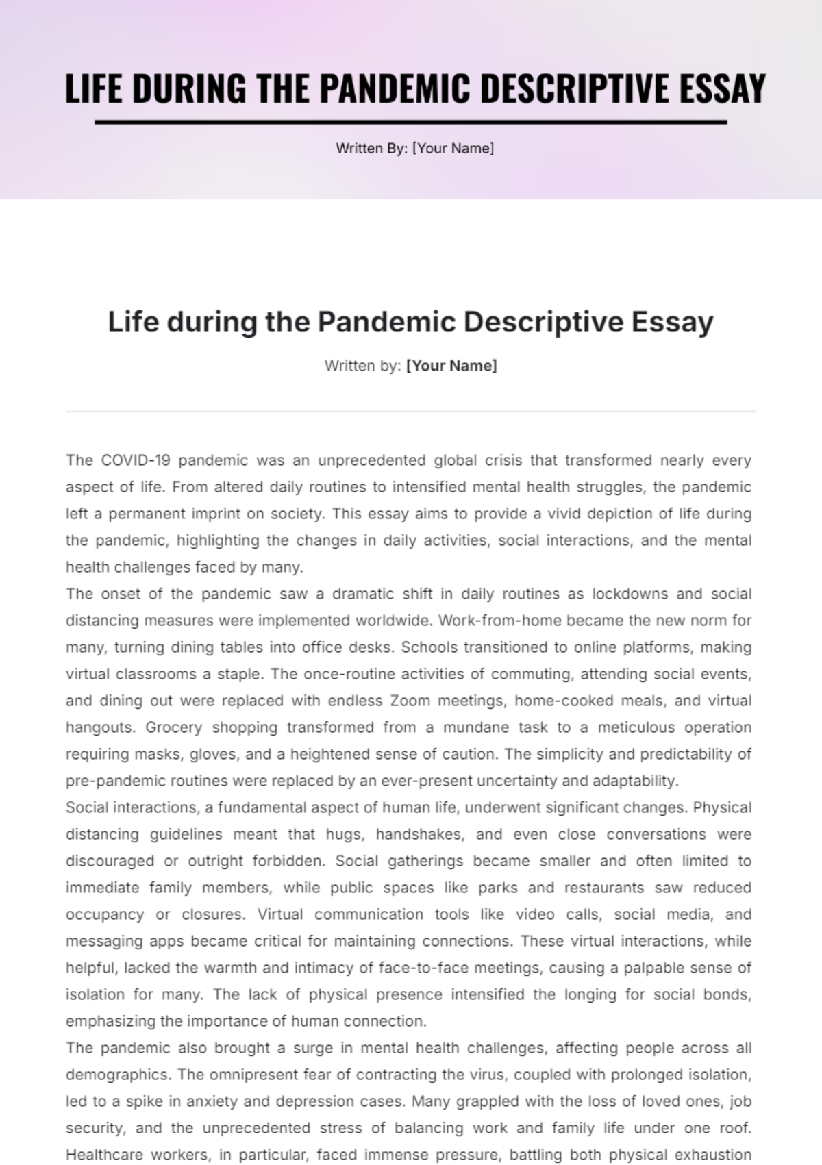 Life during  the Pandemic Descriptive Essay Template - Edit Online & Download