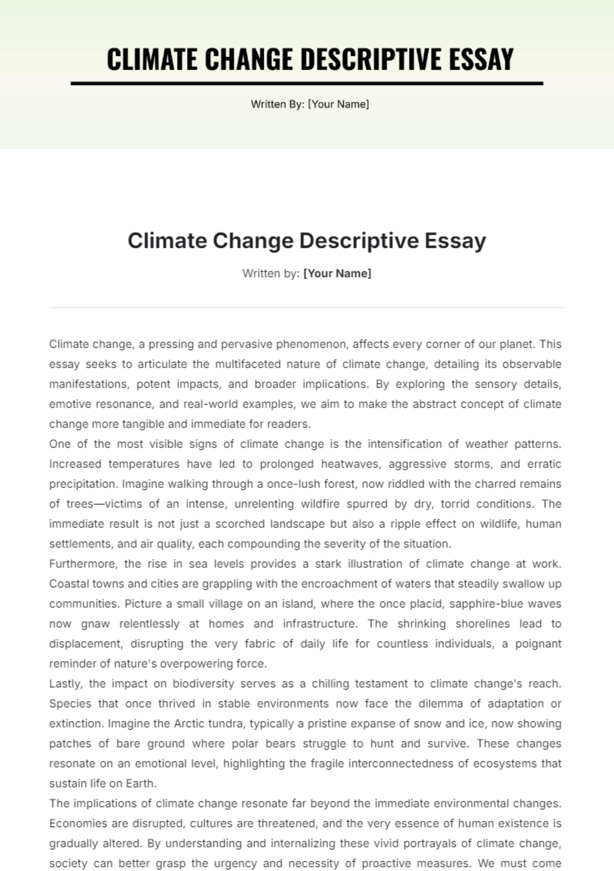 Climate Change Descriptive Essay Template - Edit Online & Download