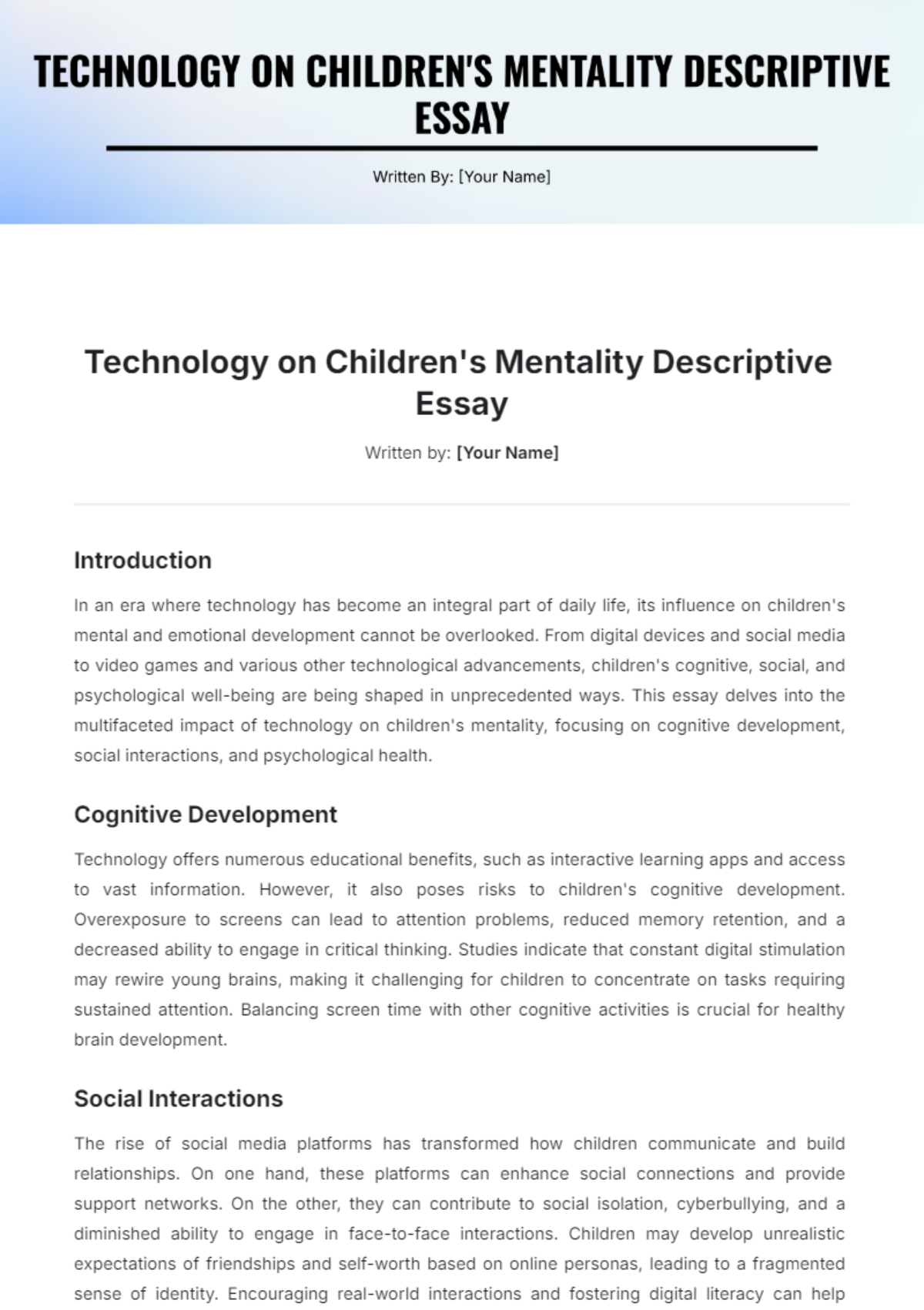 Technology on Children's Mentality Descriptive Essay Template - Edit Online & Download