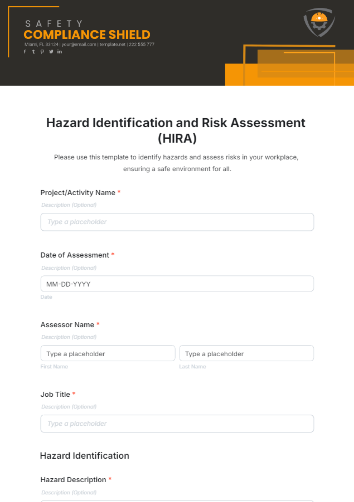 Free Hazard Identification and Risk Assessment (HIRA) Form Template