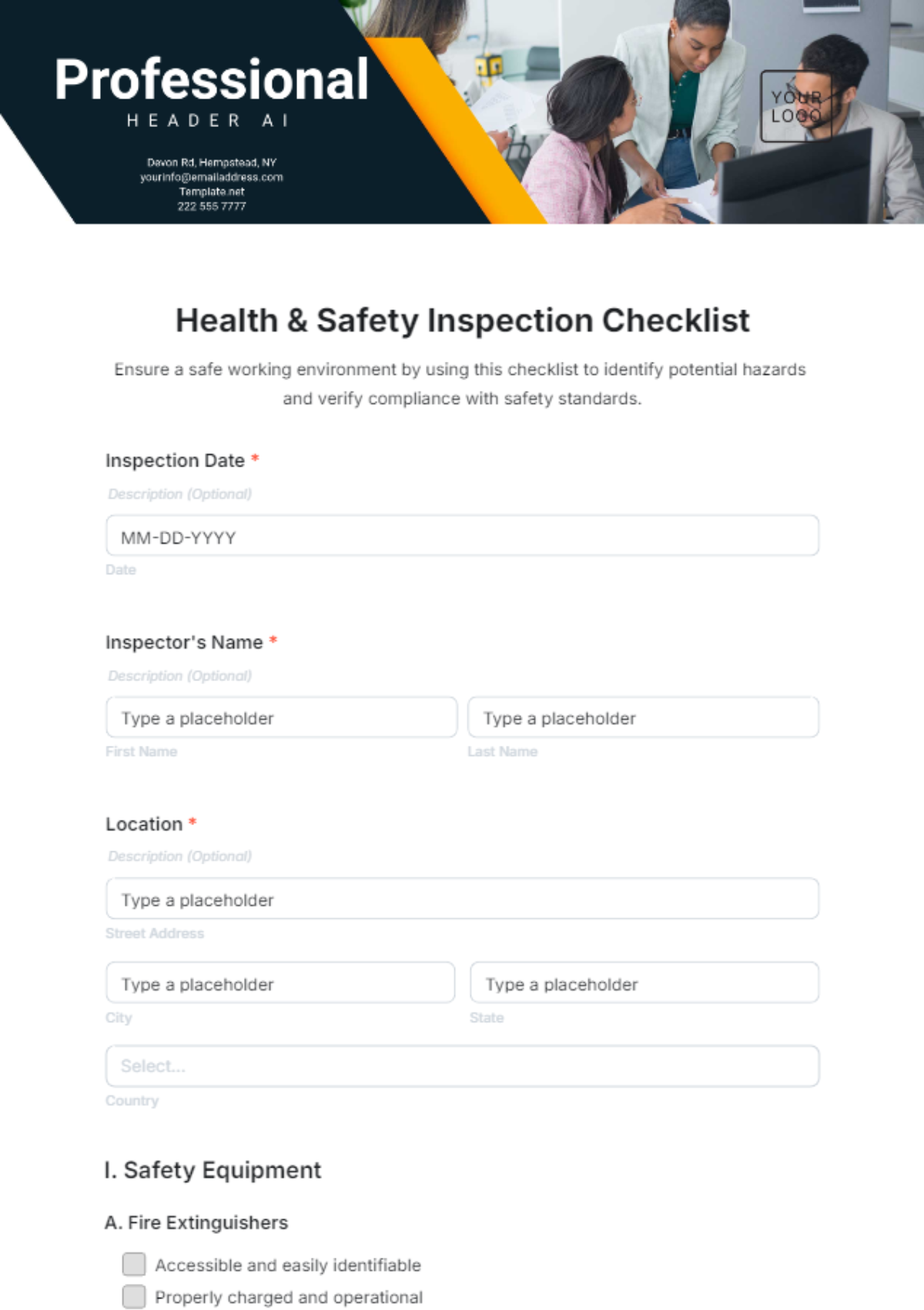 Free Health & Safety Inspection Checklist Form Template