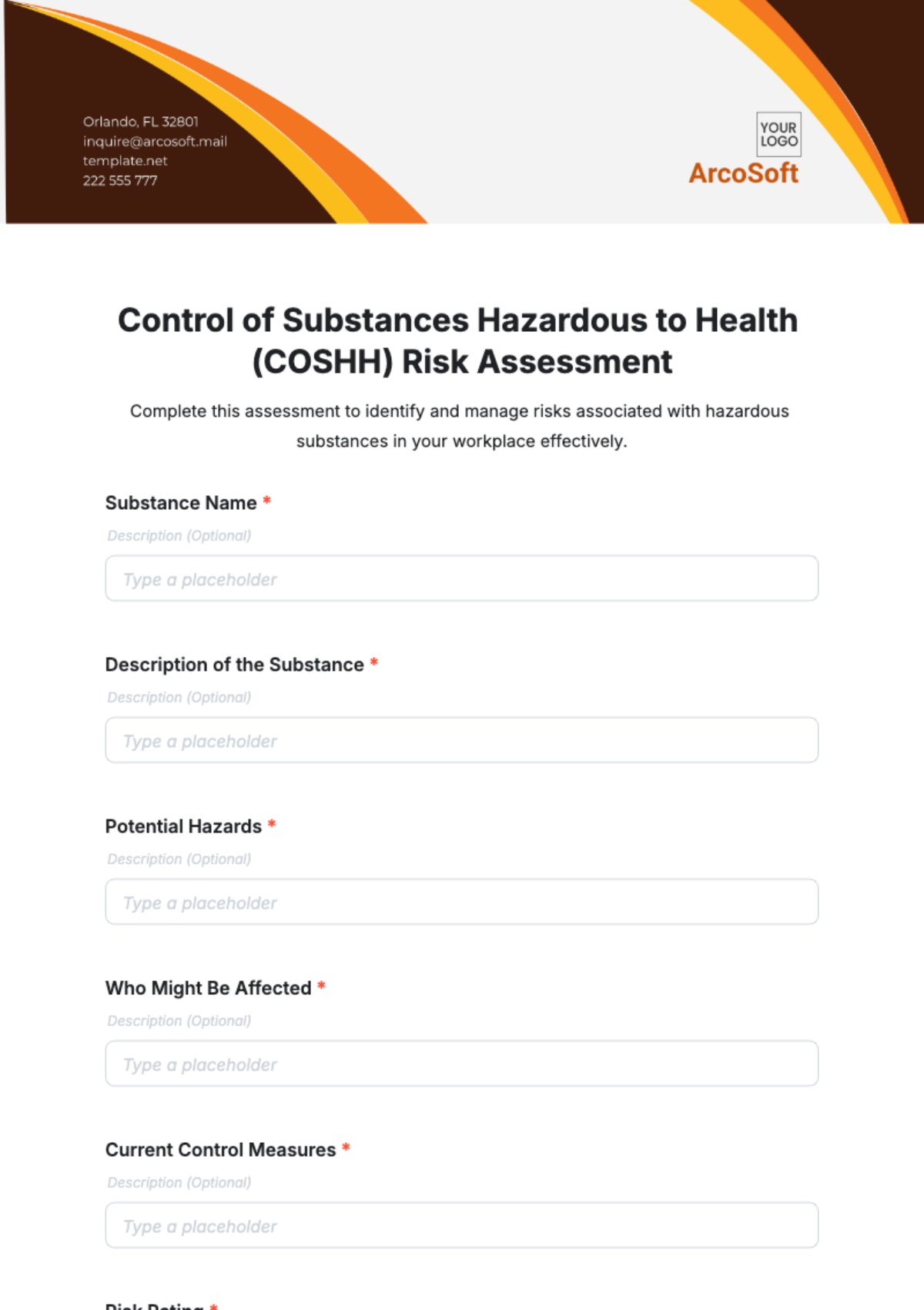 Free Control of Substances Hazardous to Health %28COSHH%29 Risk Assessment Form Template