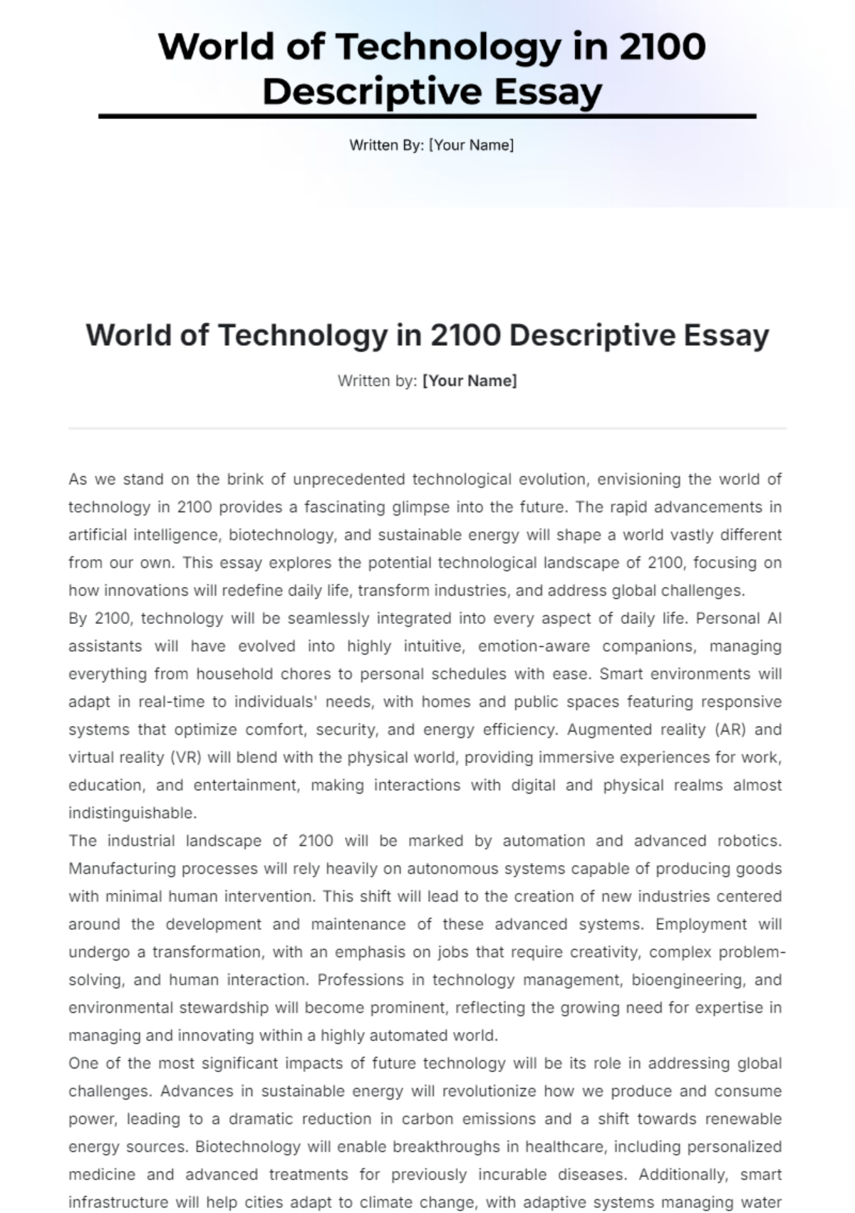 World of Technology in 2100 Descriptive Essay Template - Edit Online & Download