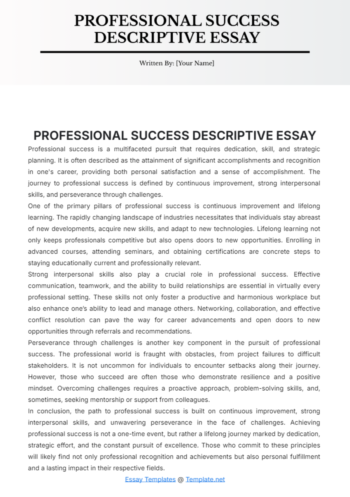 Professional Success Descriptive Essay Template - Edit Online & Download