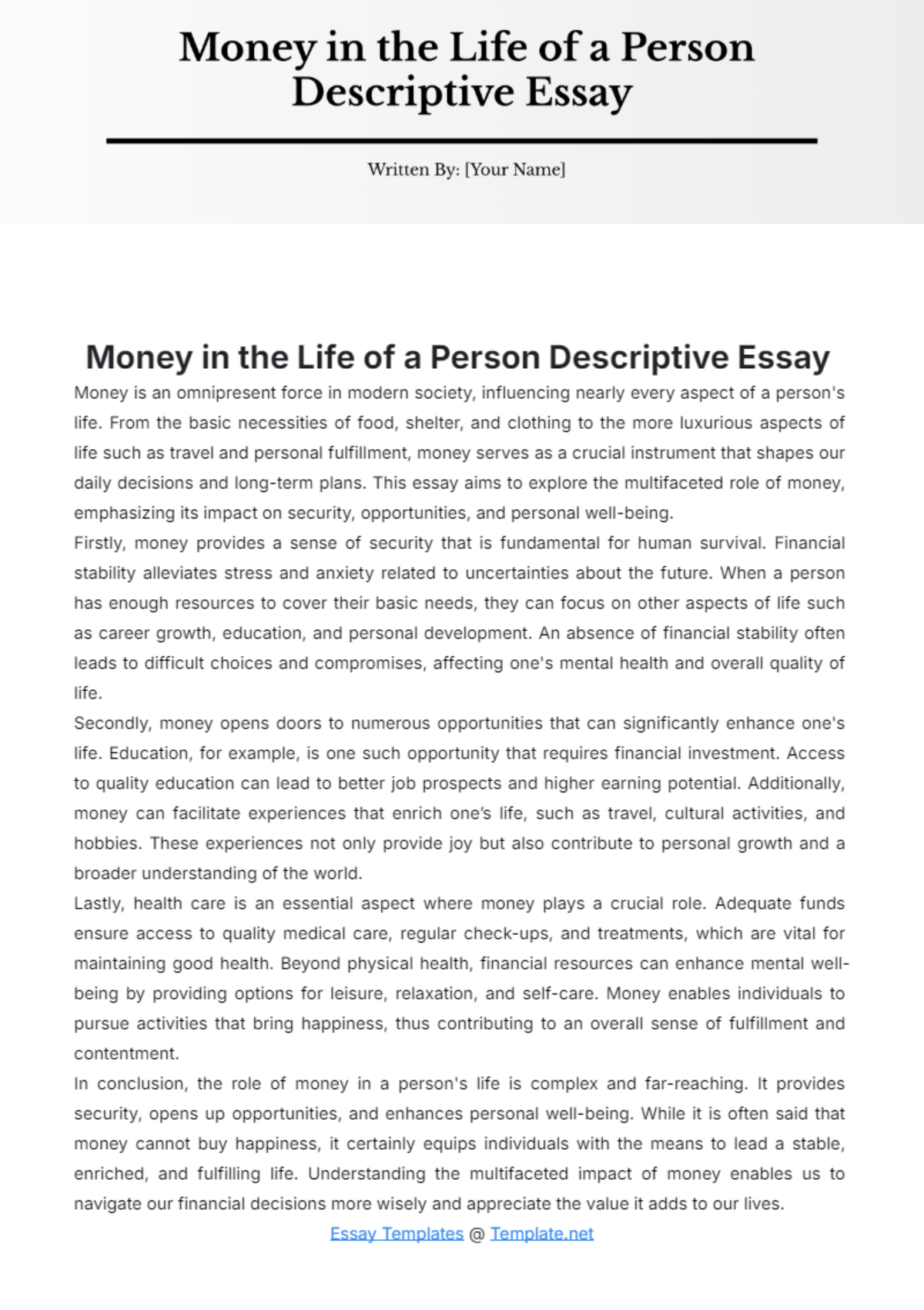 Money in the life of Person Descriptive Essay Template - Edit Online & Download