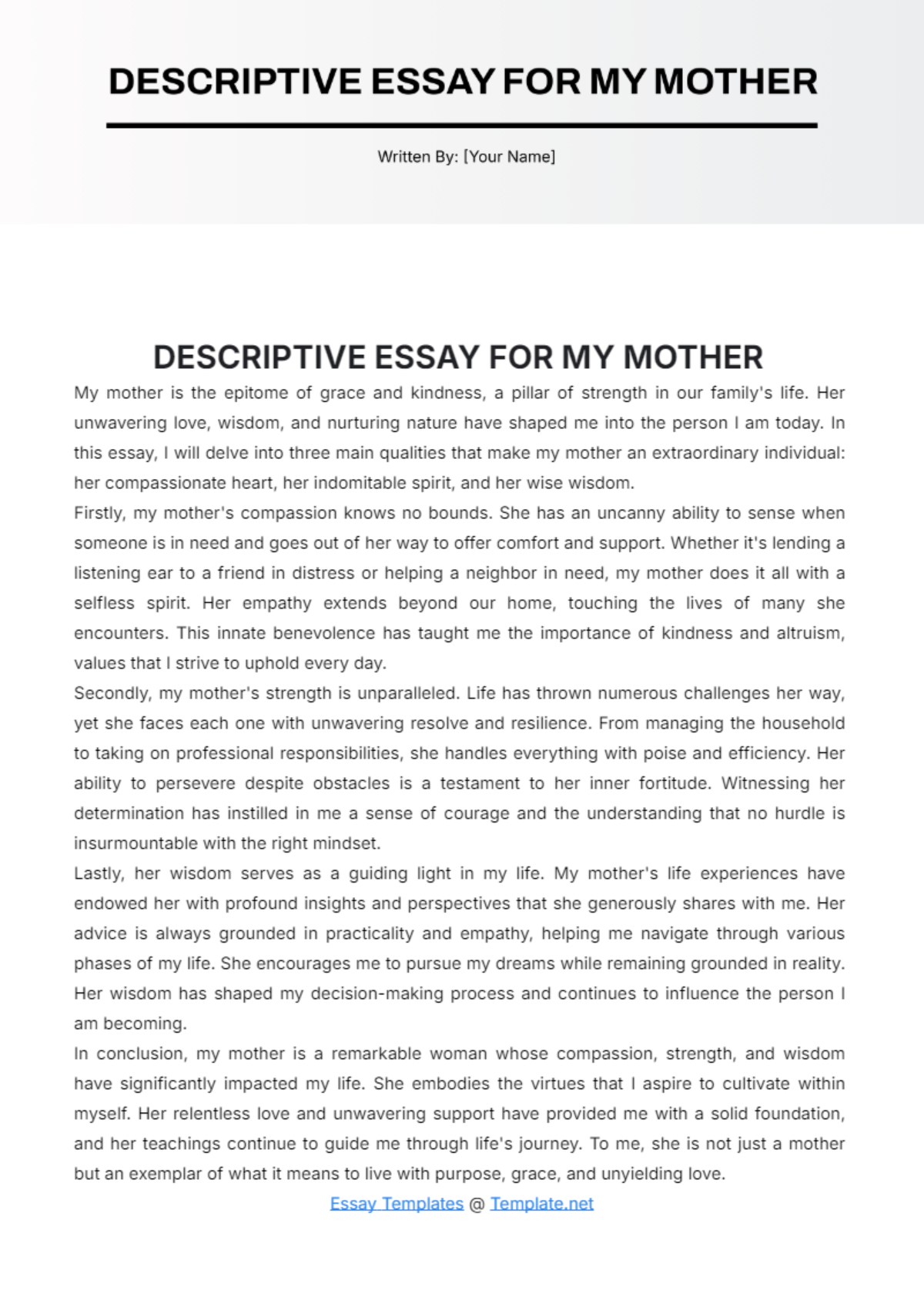 Free Descriptive Essay For My Mother Template to Edit Online