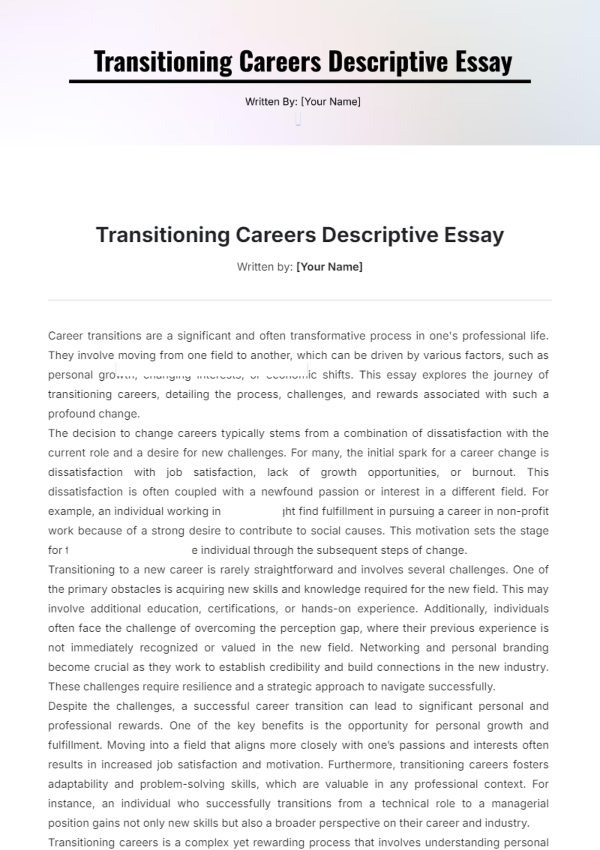 Transitioning Careers Descriptive Essay Template - Edit Online & Download