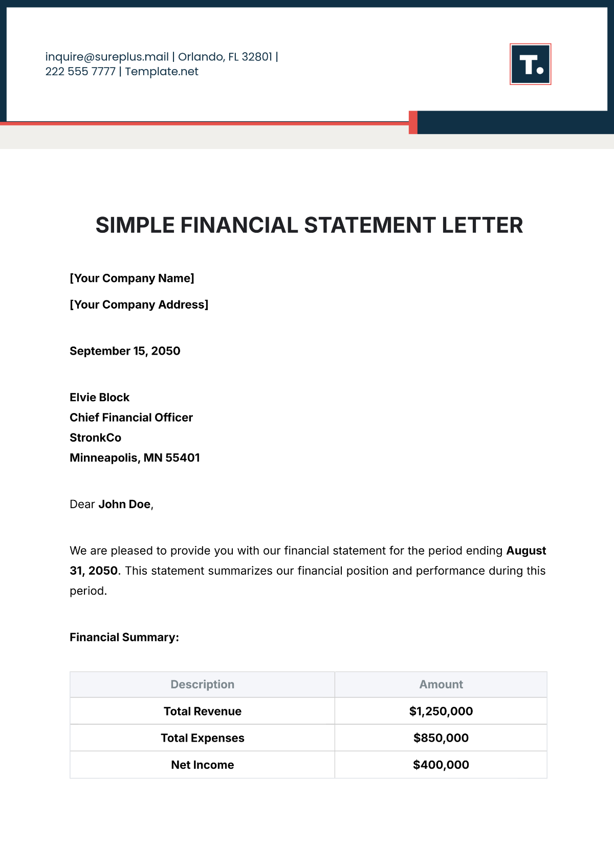 Simple Financial Statement Letter Template - Edit Online & Download