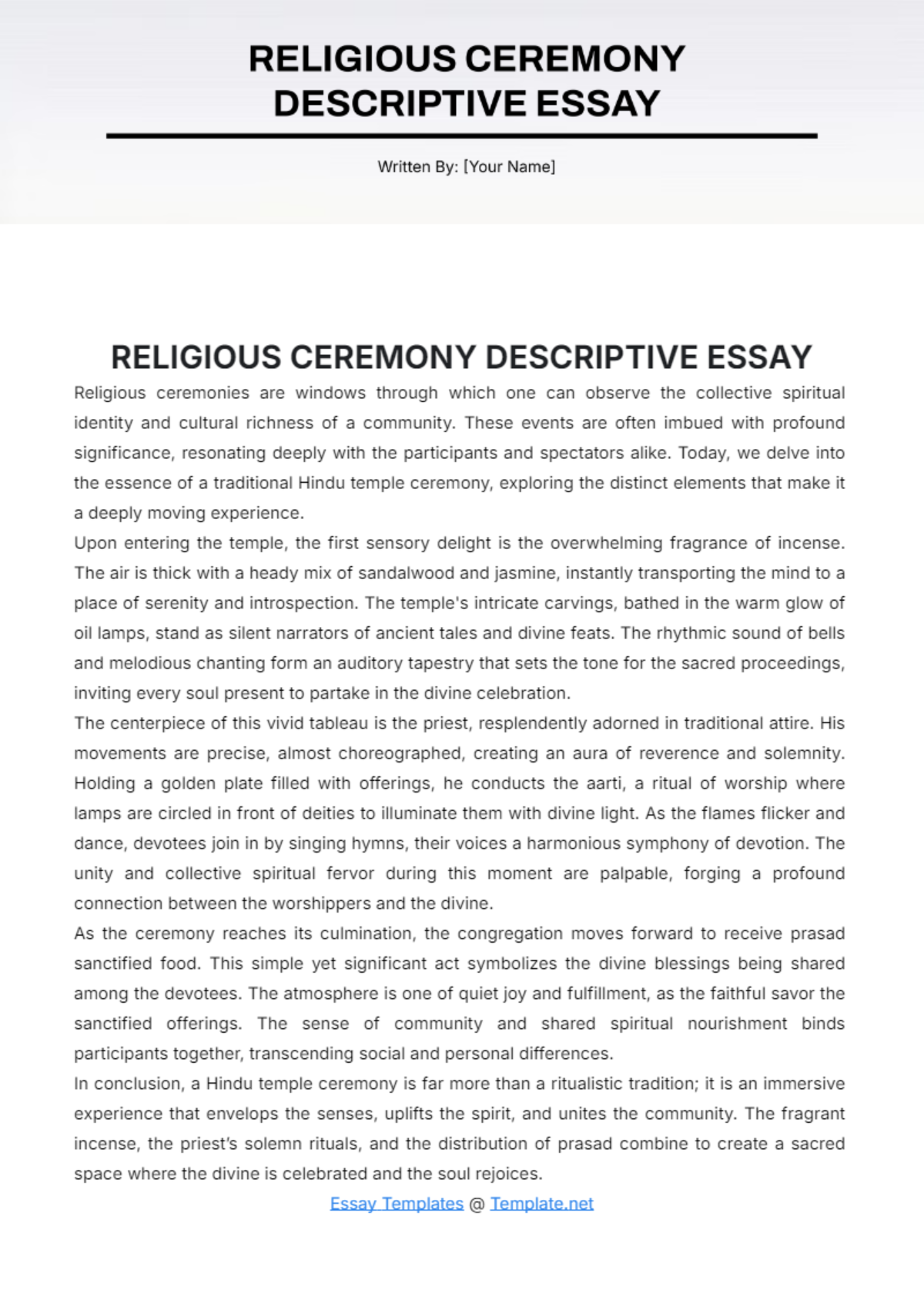 Religious Ceremony  Descriptive Essay Template - Edit Online & Download