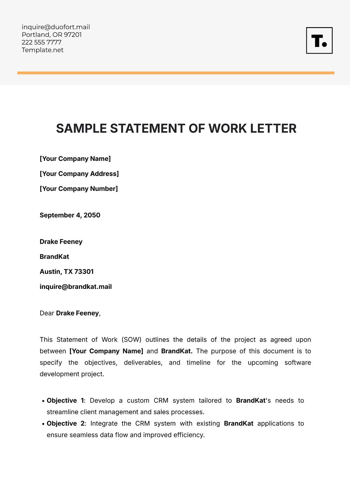 Sample Statement of Work Letter Template - Edit Online & Download