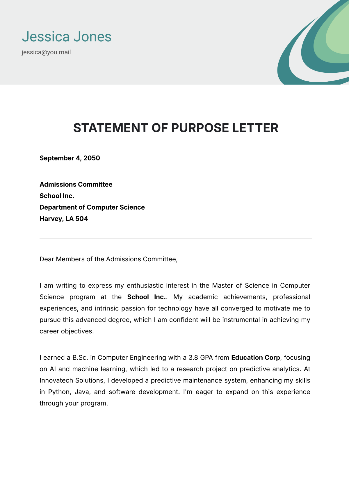 Statement of Purpose Letter Template - Edit Online & Download