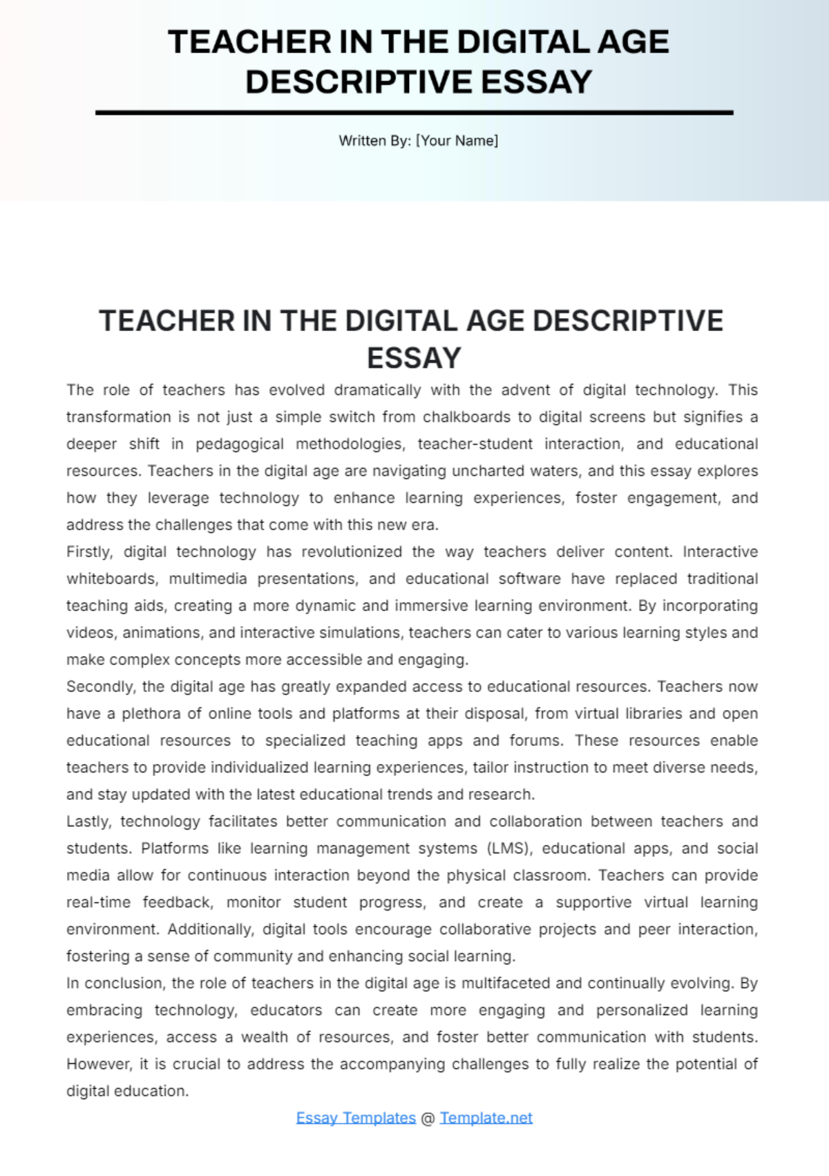 Teacher in the Digital Age Descriptive Essay Template - Edit Online & Download