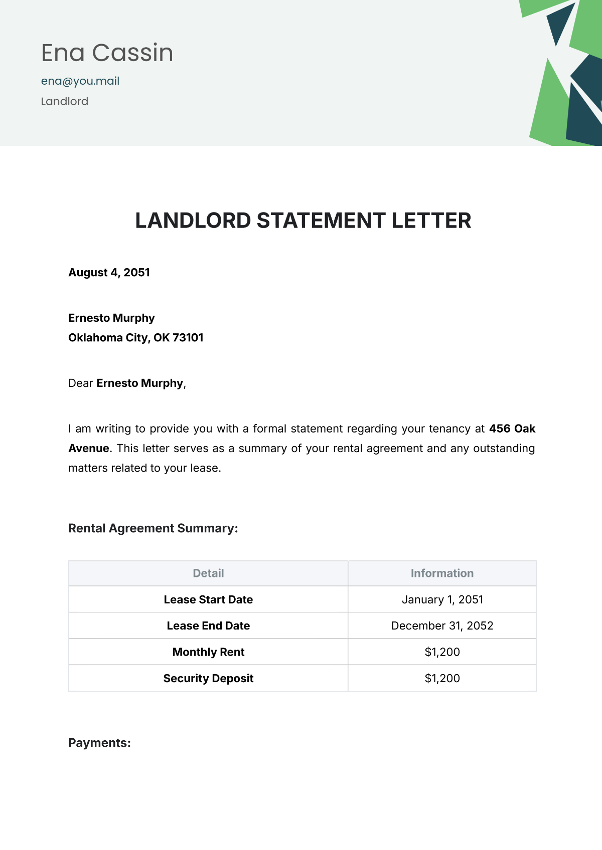 Landlord Statement Letter Template - Edit Online & Download