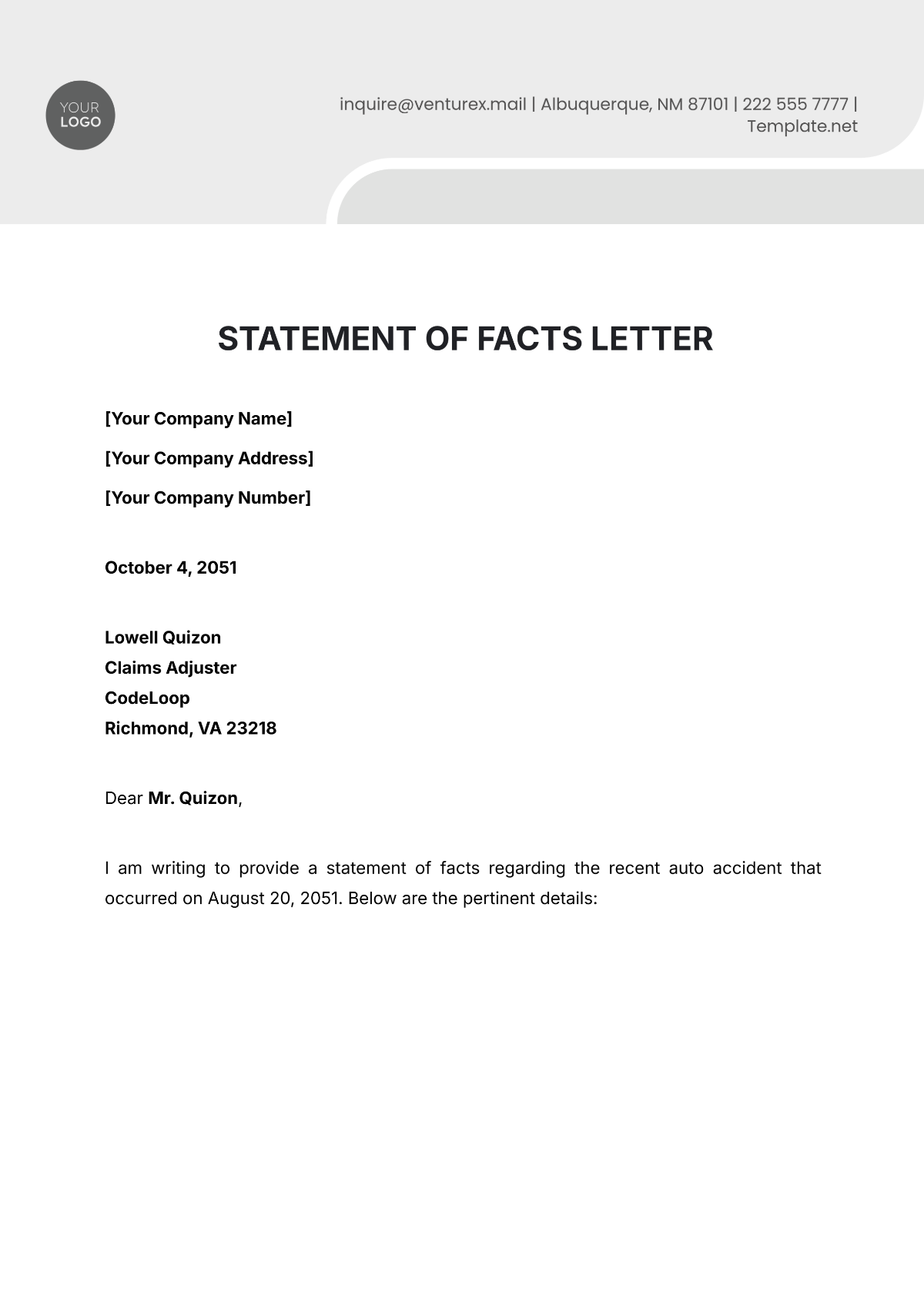 Statement of Facts Letter Template - Edit Online & Download