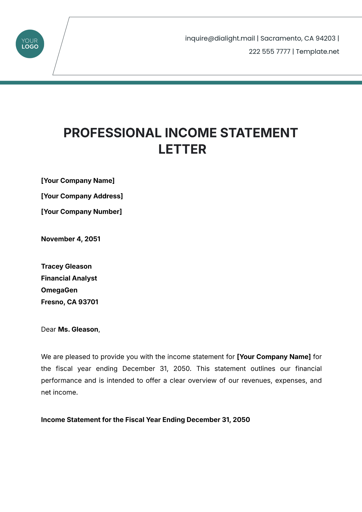 Professional Income Statement Letter Template - Edit Online & Download