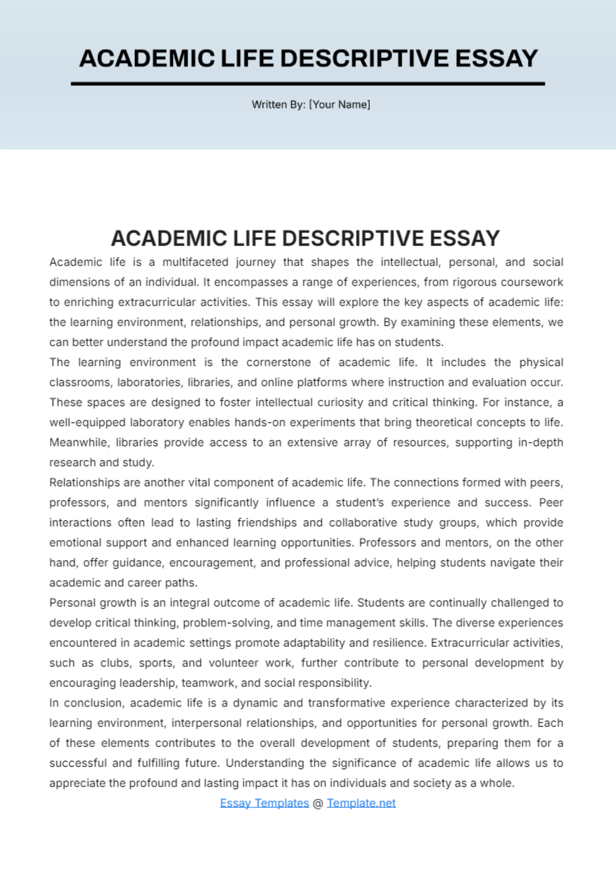 Academic Life Descriptive Essay Template - Edit Online & Download