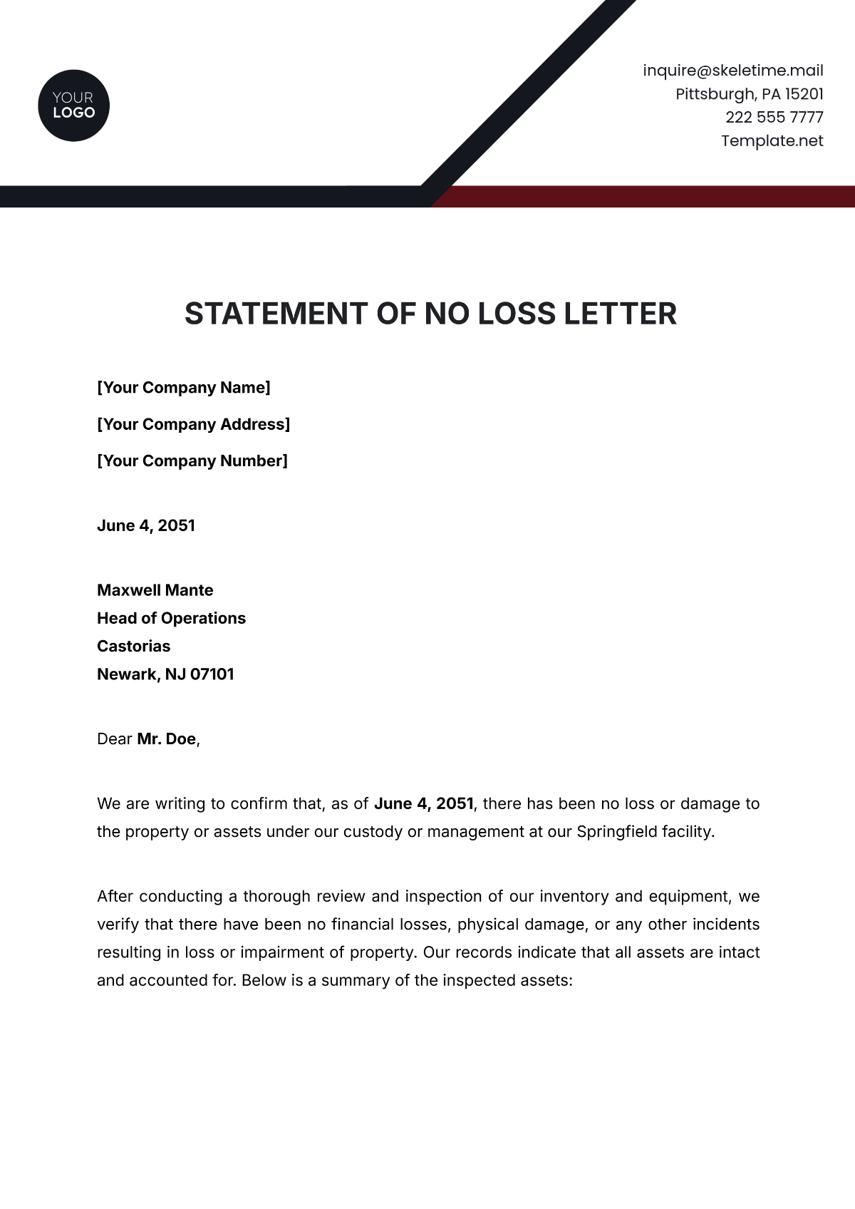 Statement of No Loss Letter Template - Edit Online & Download