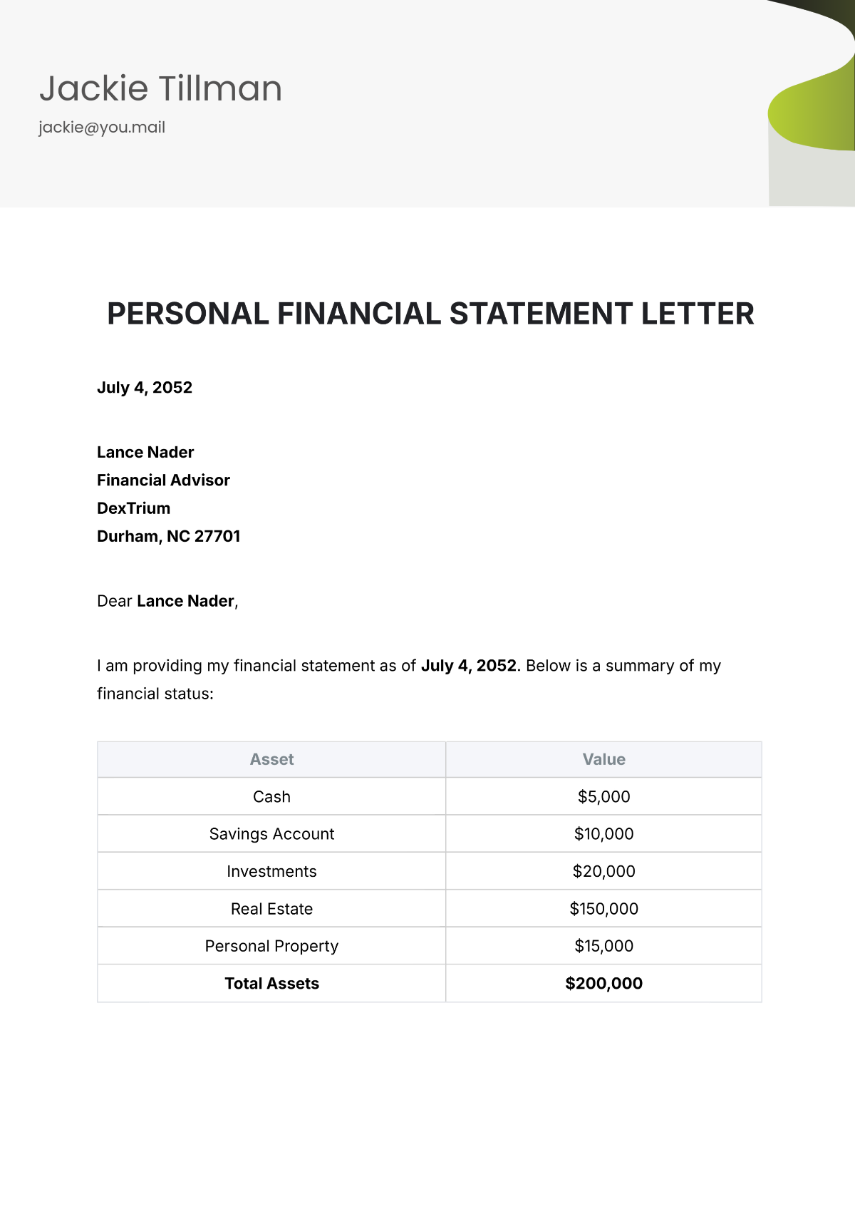 Personal Financial Statement Letter Template - Edit Online & Download