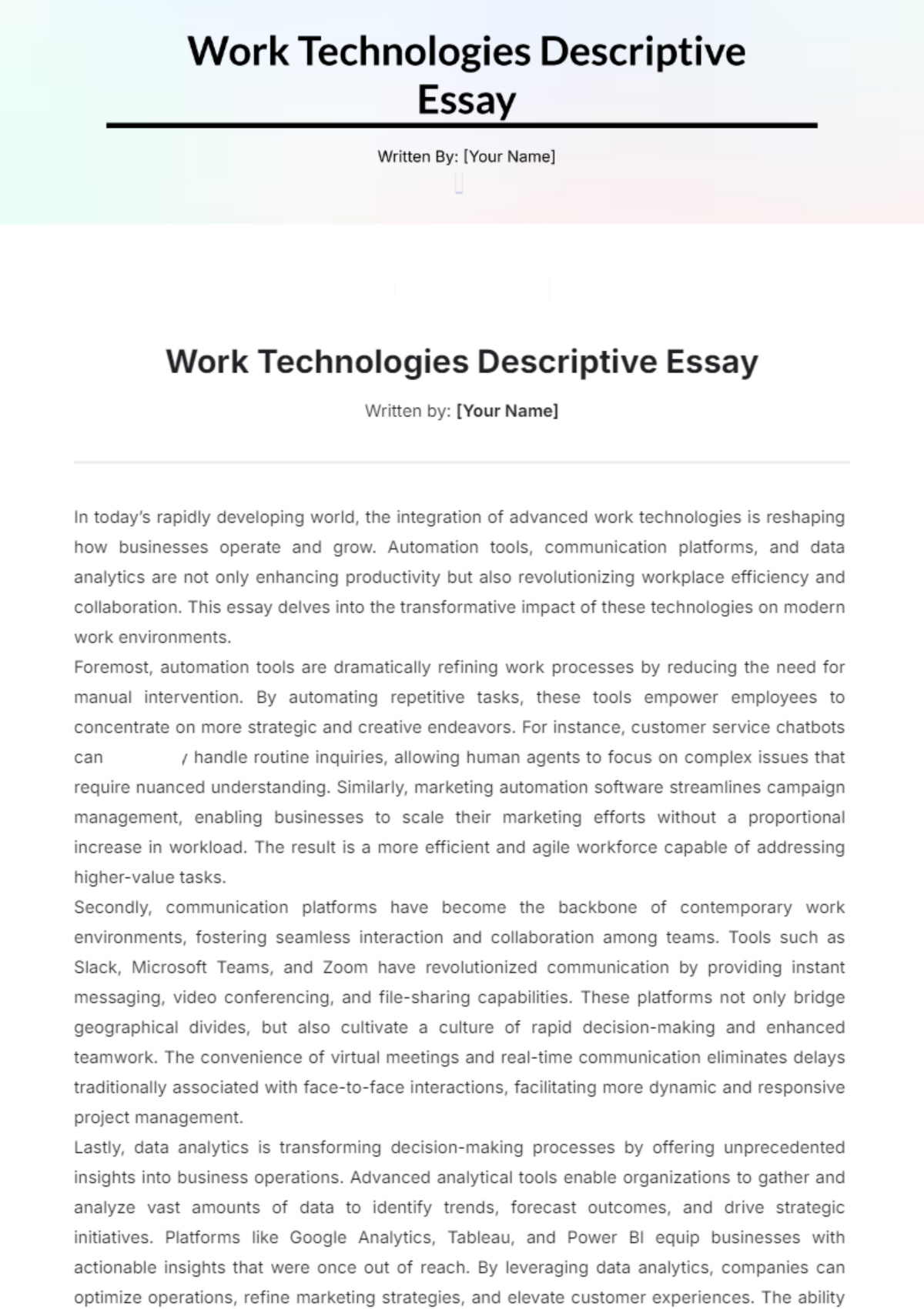 Work Technologies Descriptive Essay Template - Edit Online & Download