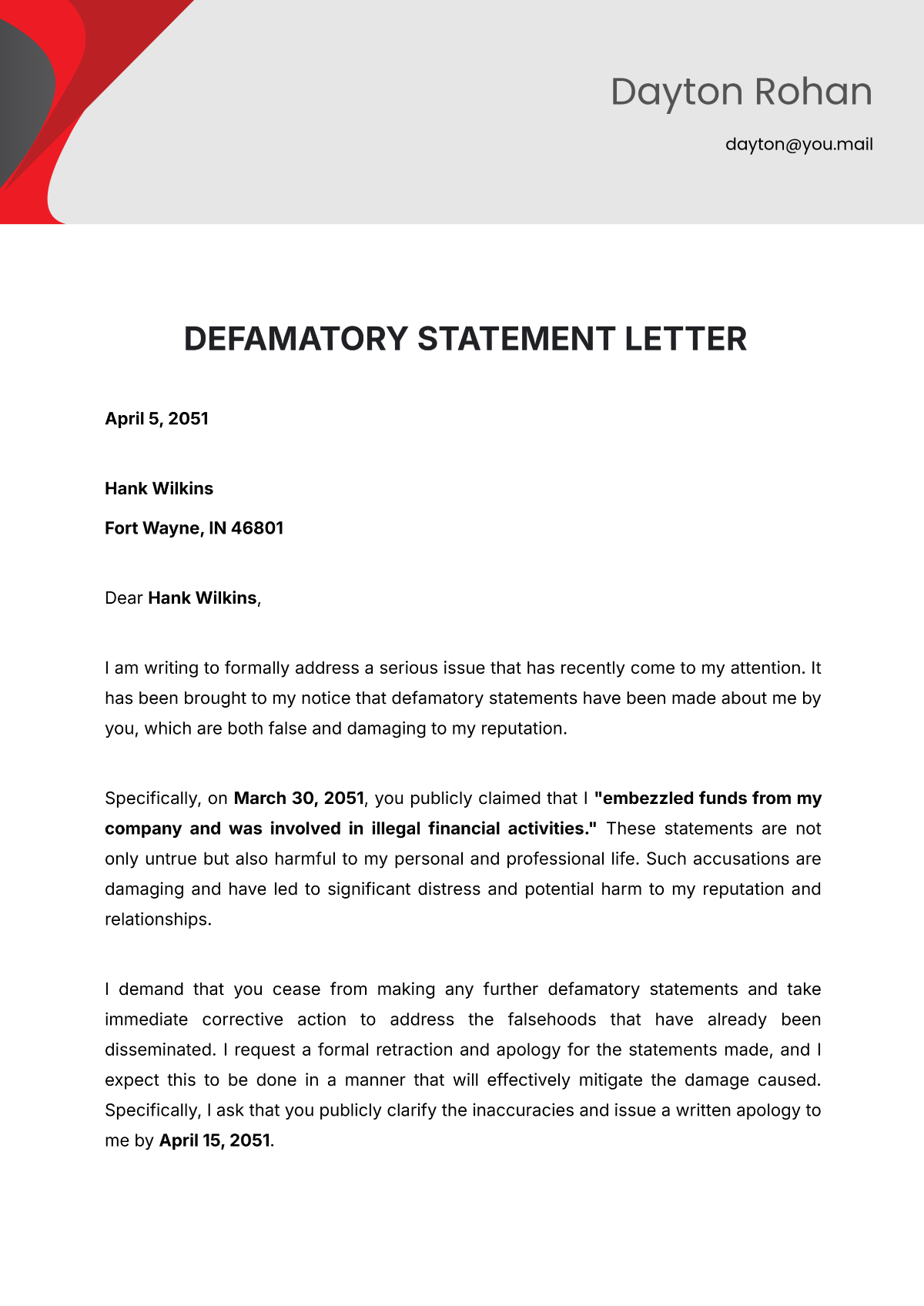 Defamatory Statement Letter Template - Edit Online & Download