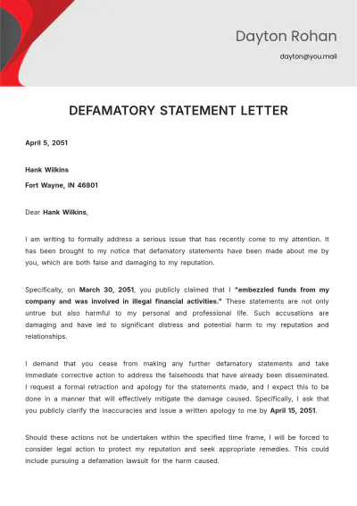 Free Defamatory Statement Letter Template to Edit Online