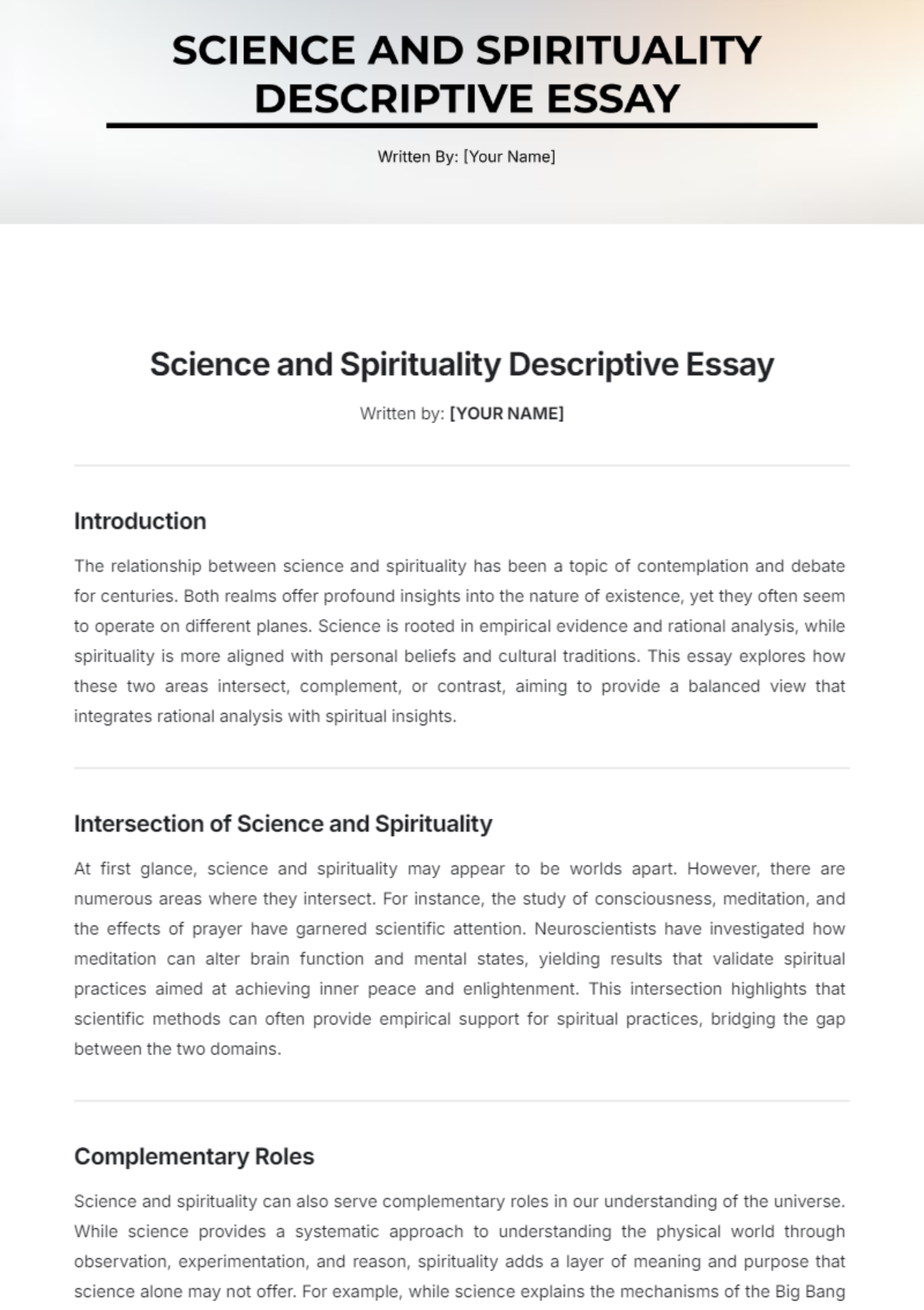 Science and Spirituality Descriptive Essay Template - Edit Online & Download