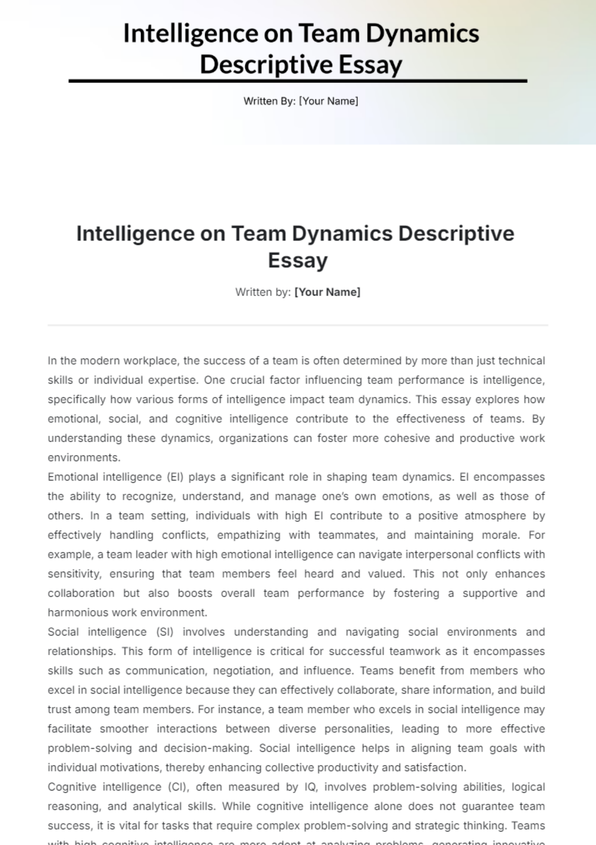 Intelligence on Team Dynamics Descriptive Essay Template - Edit Online & Download