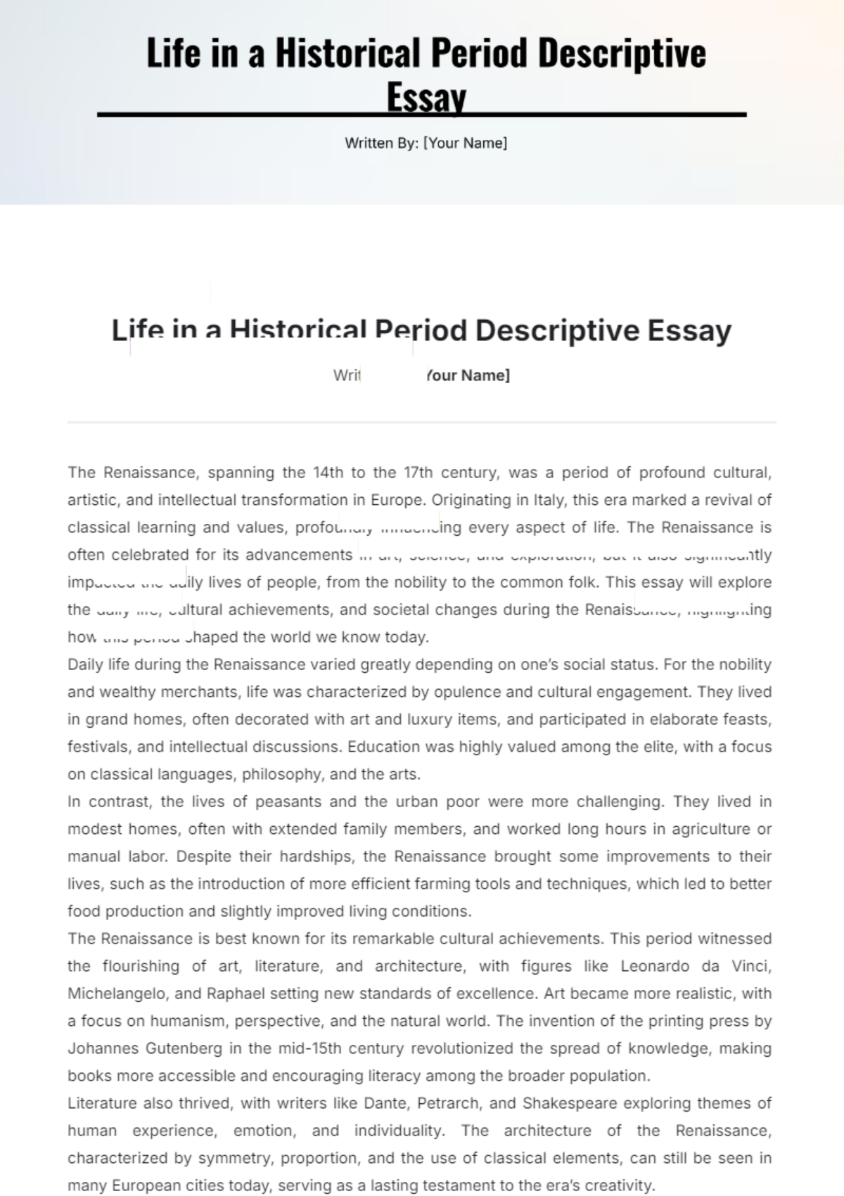 Life in a Historical Period Descriptive Essay Template - Edit Online & Download