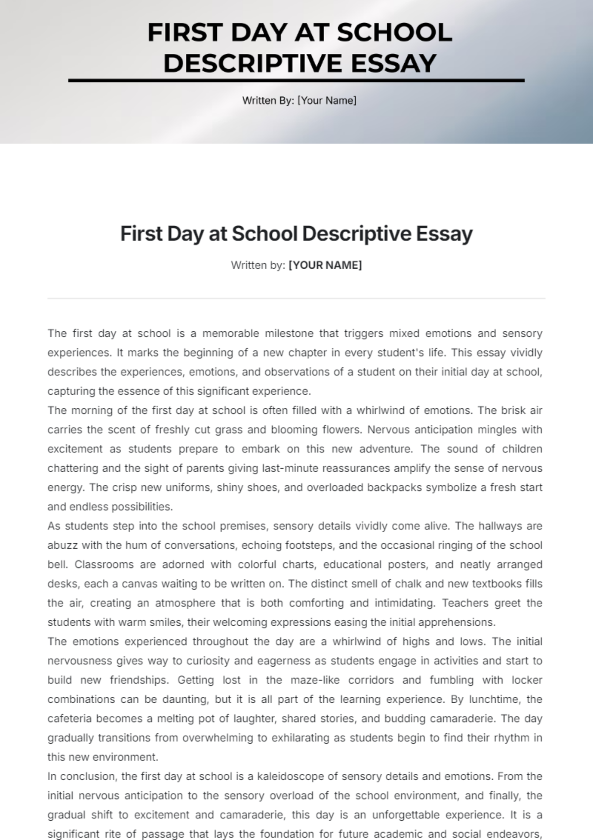 First day at School Descriptive Essay Template - Edit Online & Download