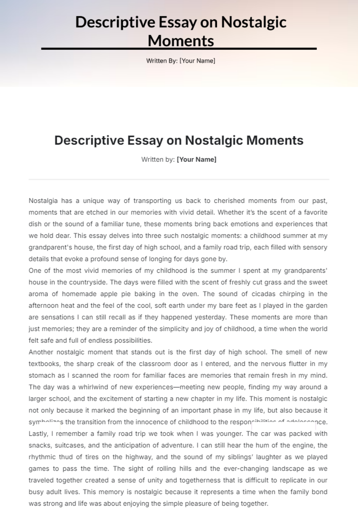 Descriptive Essay on Nostalgic Moments Template - Edit Online & Download