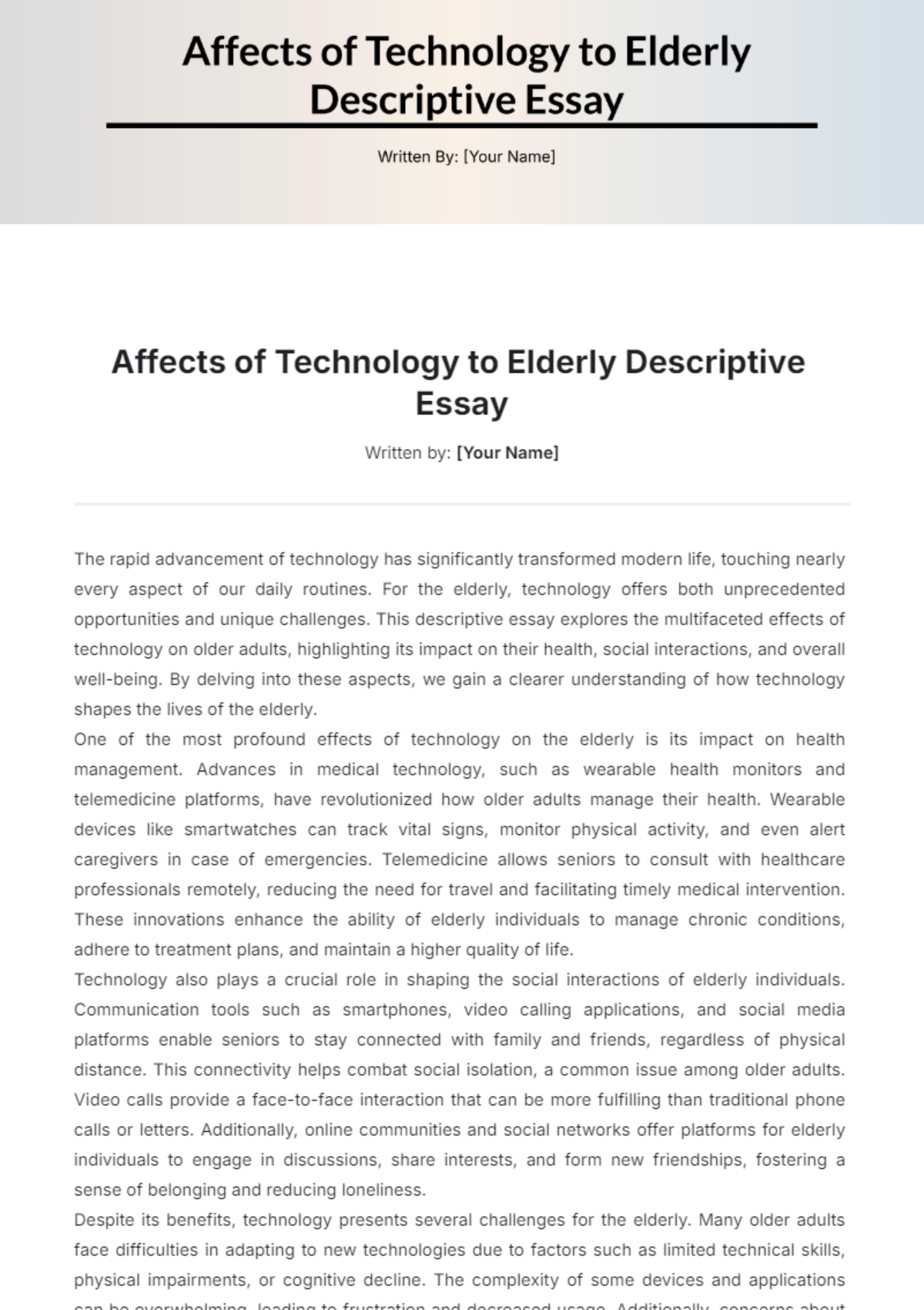 Affects of Technology to Elderly Descriptive Essay Template - Edit Online & Download