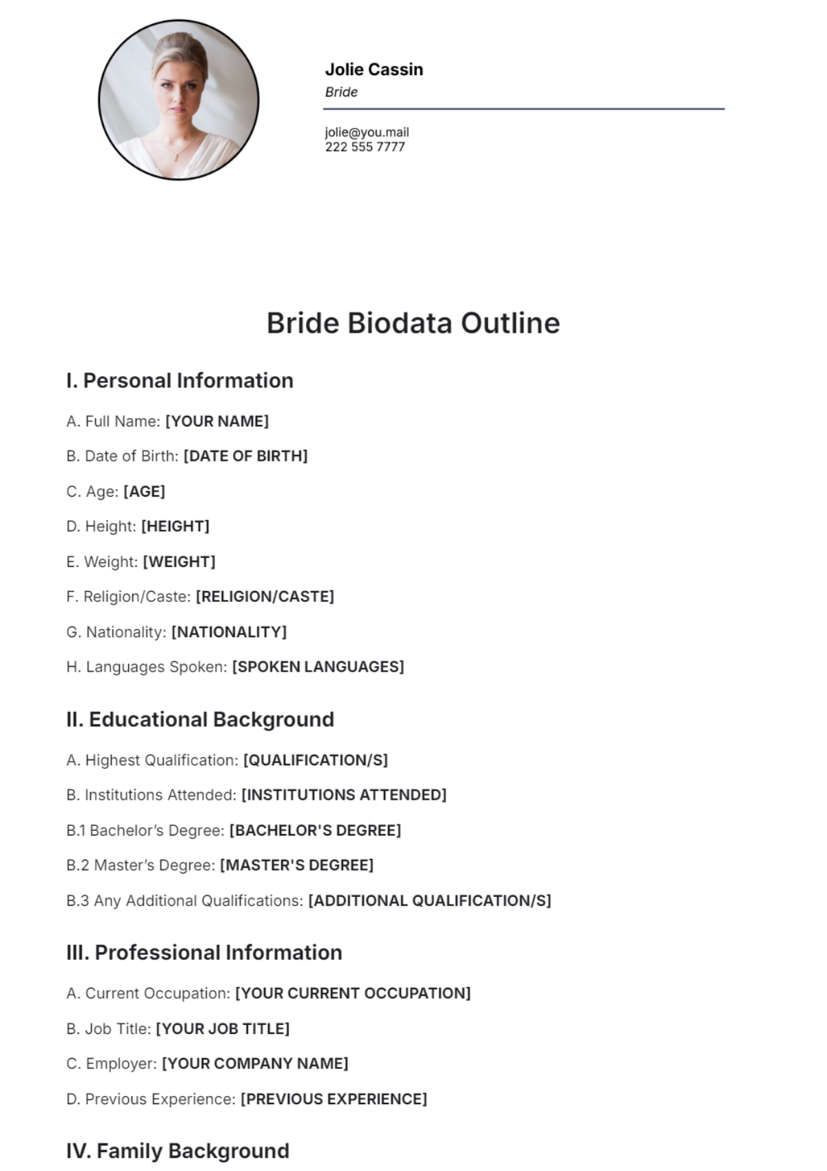 Bride Biodata Outline Template - Edit Online & Download