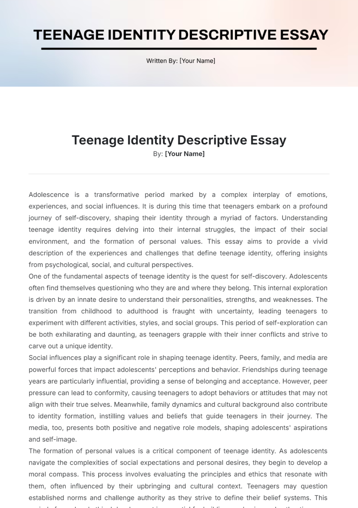 Teenage Identity Descriptive Essay Template - Edit Online & Download