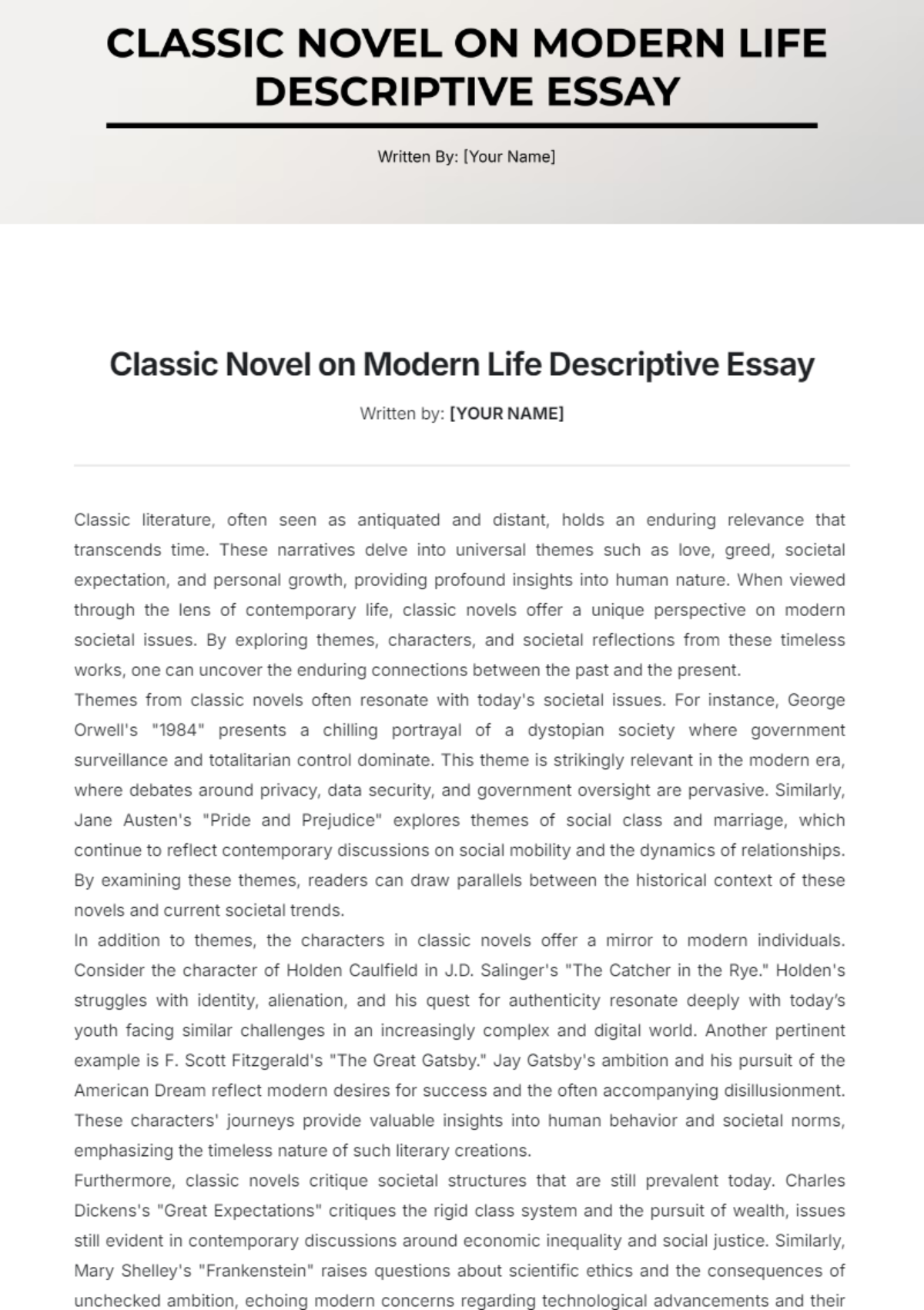 Classic Novel on Modern Life Descriptive Essay Template - Edit Online & Download