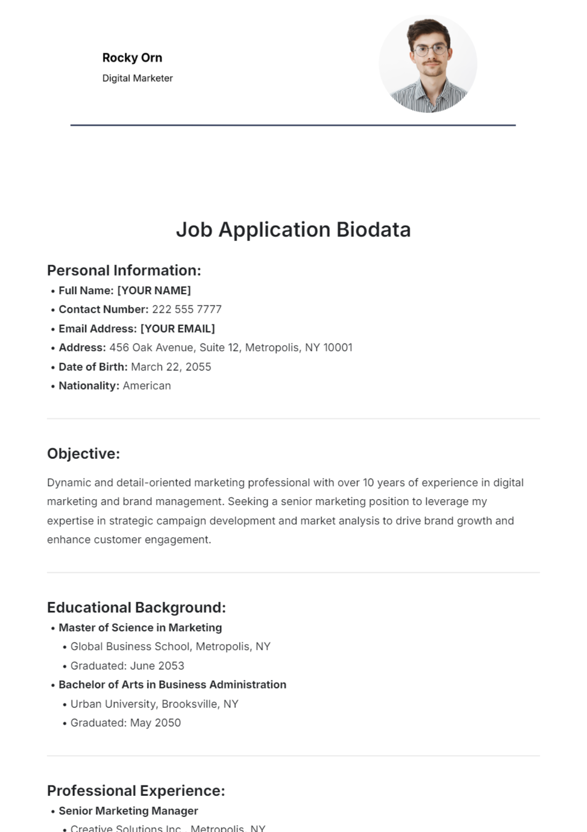 Job Application Biodata Template