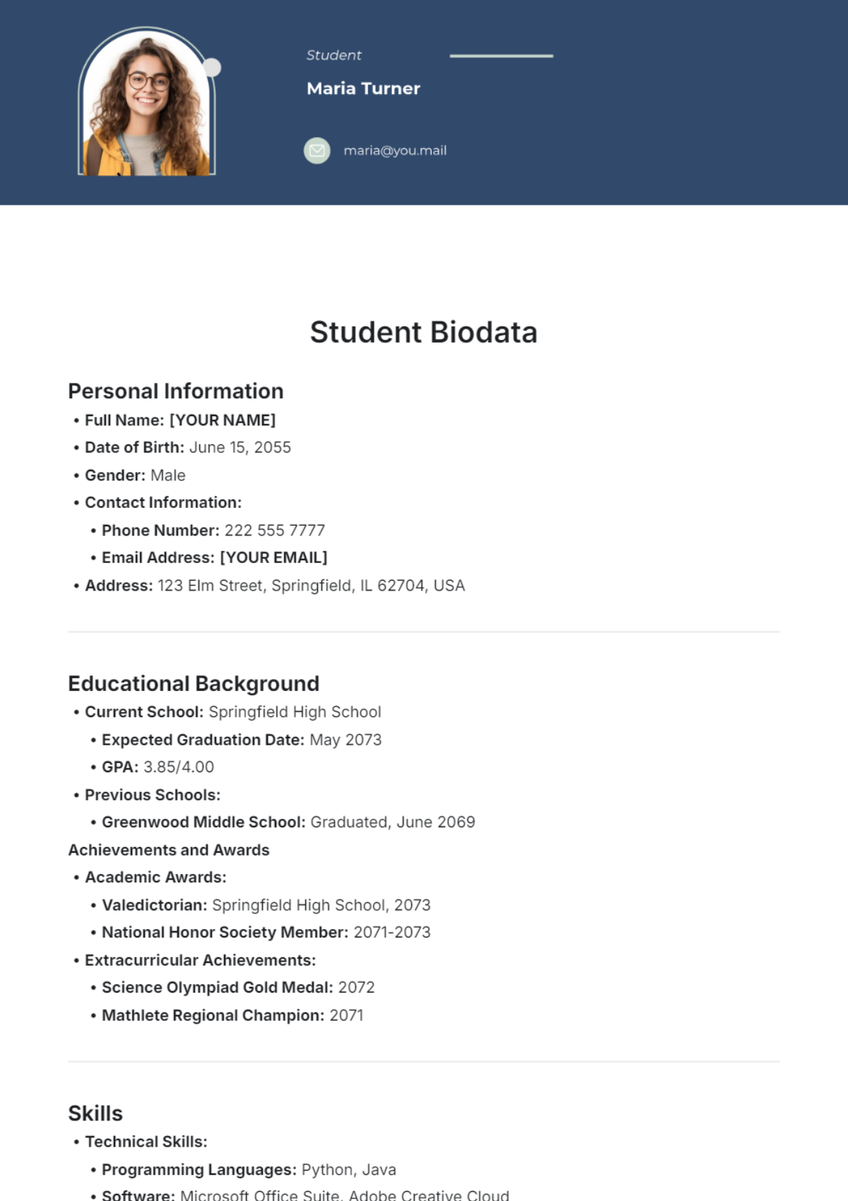 Free Biodata for Students Template to Edit Online