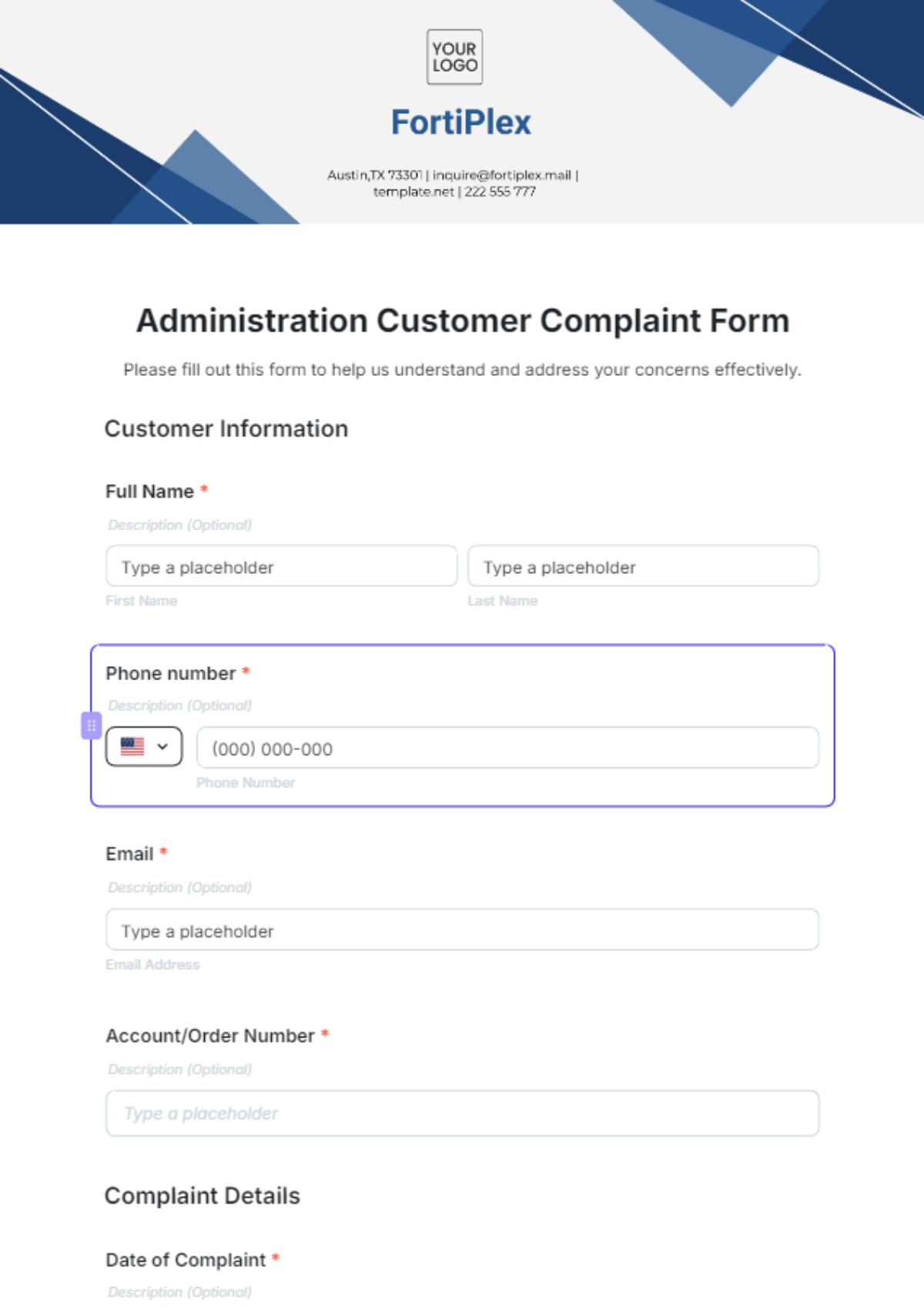 Administration Customer Complaint Form Template - Edit Online & Download