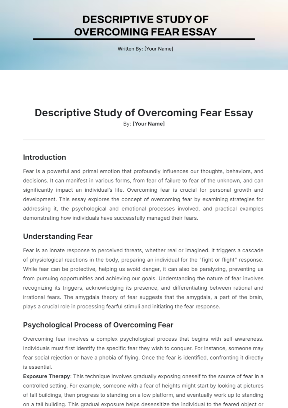 Free Descriptive Study of Overcoming Fear Essay Template to Edit Online