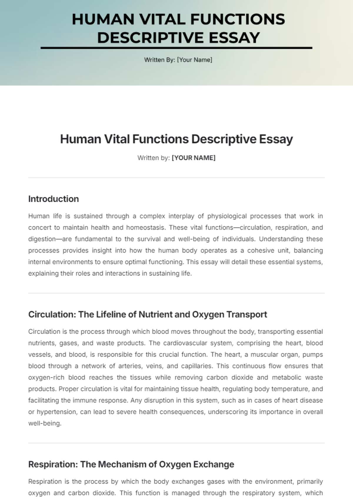 Human Vital Functions Descriptive Essay Template - Edit Online & Download