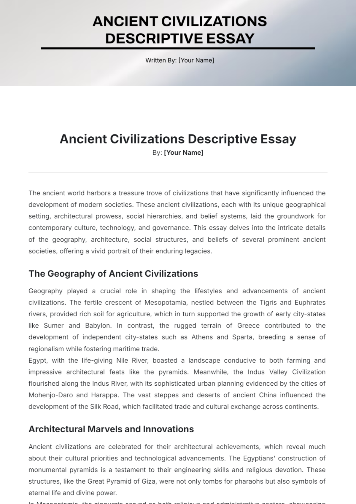 Ancient Civilizations Descriptive Essay Template - Edit Online & Download