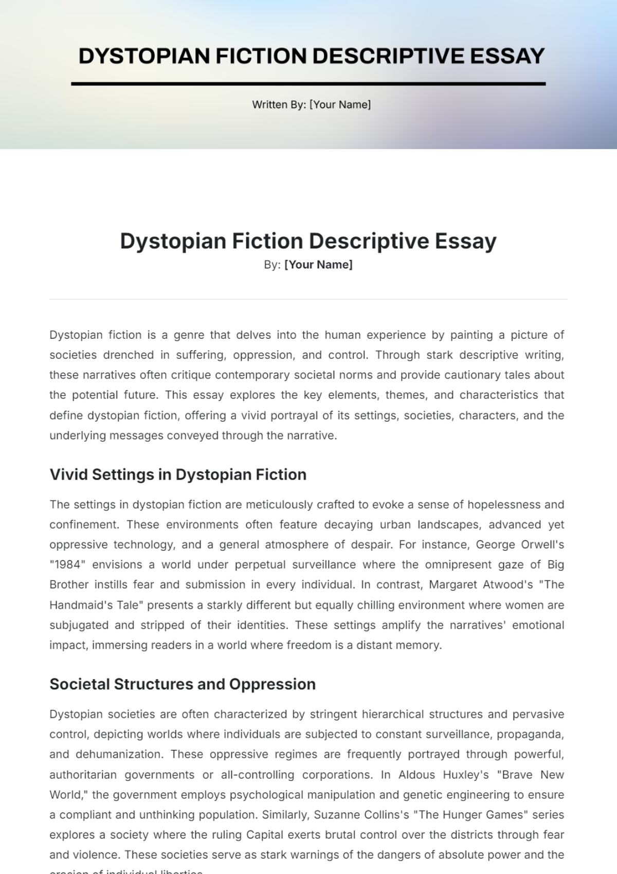 Dystopian Fiction Descriptive Essay Template - Edit Online & Download