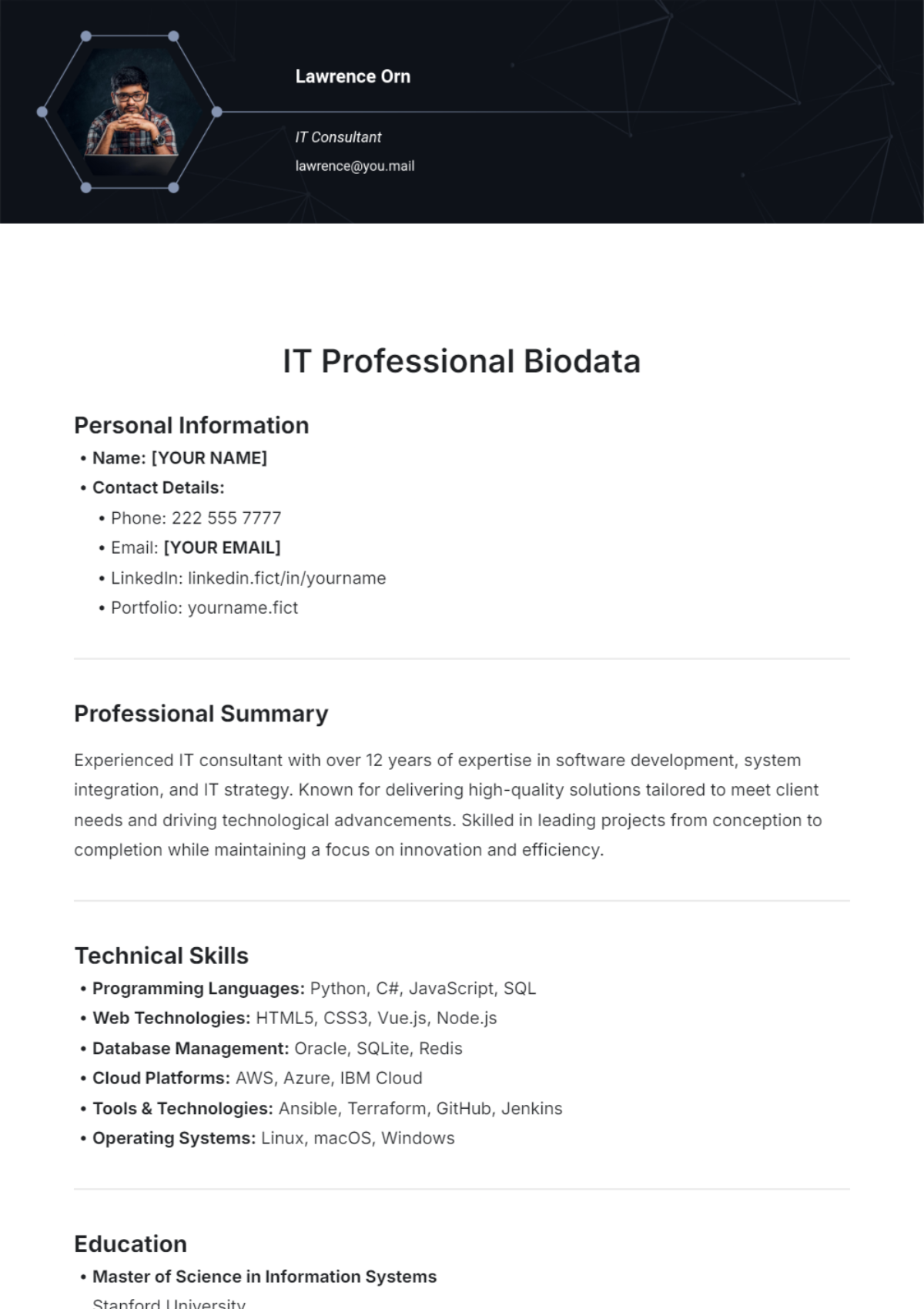 IT Professional Biodata Template